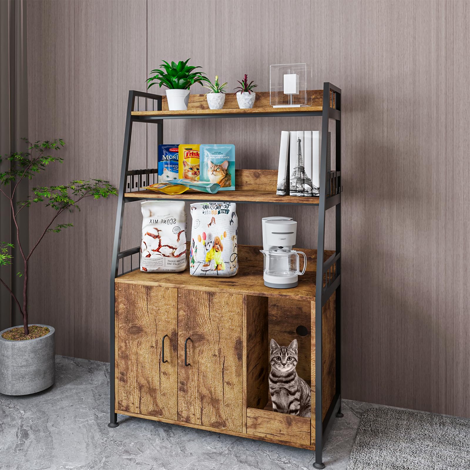 Katrawu Large Cat Litter Box Enclosure Furniture with Storage Shelf - 52 Inch Tall Wooden Cat Washroom Cabinet, Rustic Brown - Perfect for Home, Apartment & Pet-Friendly Spaces