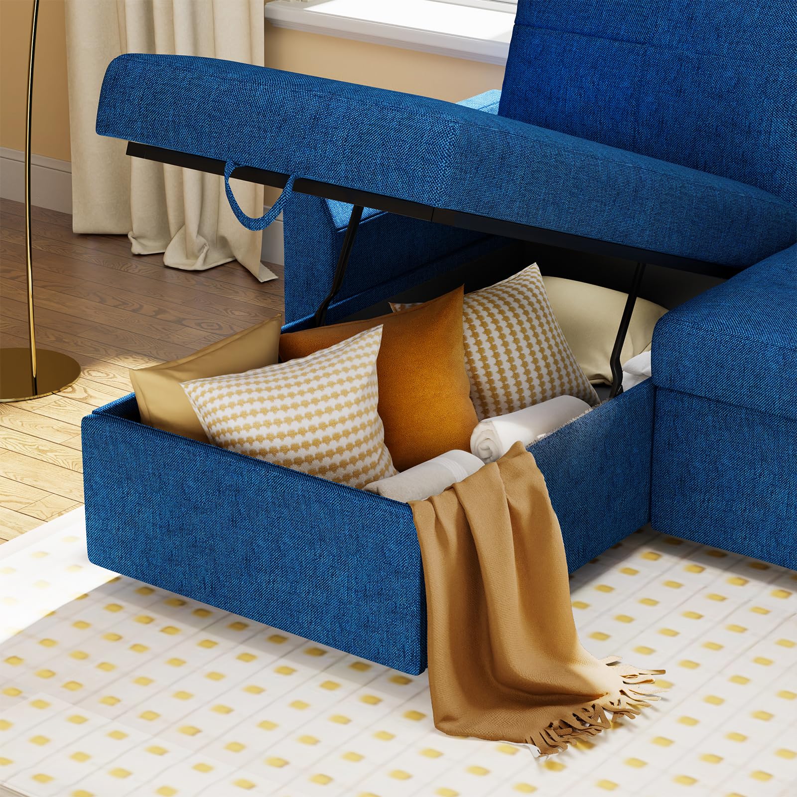 VanAcc 2-in-1 Sleeper Sofa Bed with Storage Chaise - Convertible Pull Out Couch for Small Spaces, Guest Room & Living Room - Soft Linen Blue Fabric - Perfect for Apartments, Dorms & Home Offices