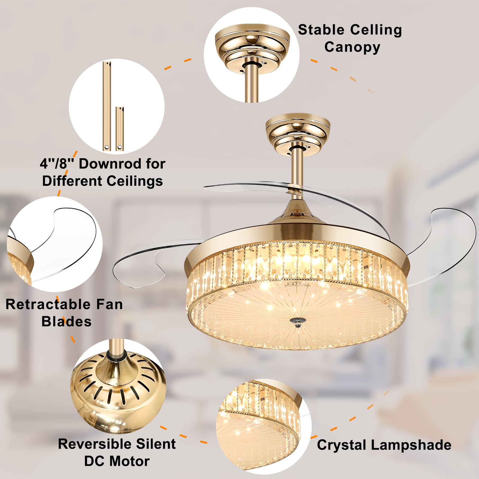 Ohniyou 42 Inch Retractable Ceiling Fan with Lights Remote Control, Crystal Chandelier Ceiling Light Fixture, Dimmable Fandelier for Bedroom Living Room Dining Room Indoor Use (Gold) - Perfect for Home Cooling and Stylish Lighting Decor