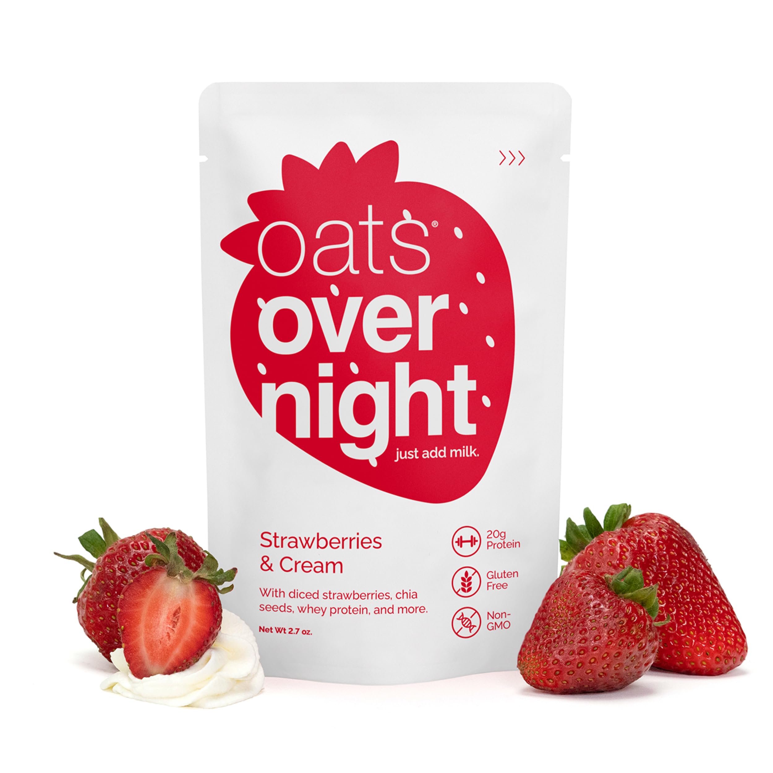 Oats Overnight Strawberries & Cream Protein Shake - 24 Pack with 20g Protein & High Fiber | Gluten Free, Non-GMO Oatmeal Breakfast (2.7oz per Meal) - Perfect for Busy Mornings, Post-Workout Recovery & On-the-Go Nutrition