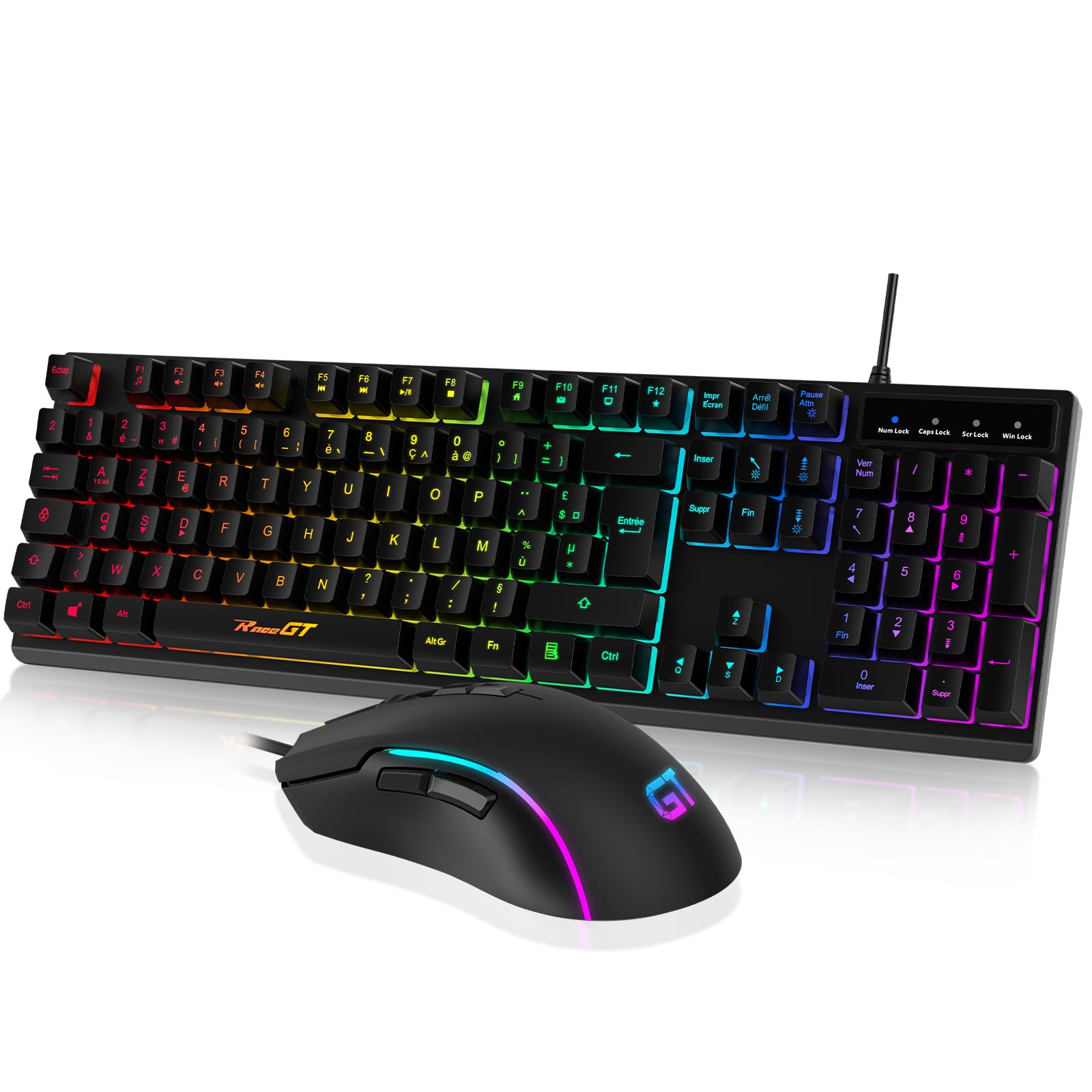 RaceGT Gaming Keyboard and Mouse Combo - Wired Ergonomic Backlit Keyboard with Silent Keys & Numeric Pad - Compatible with Windows, MacOS, Linux (AZERTY Layout, Black) - Perfect for Gaming, Office Work & Programming