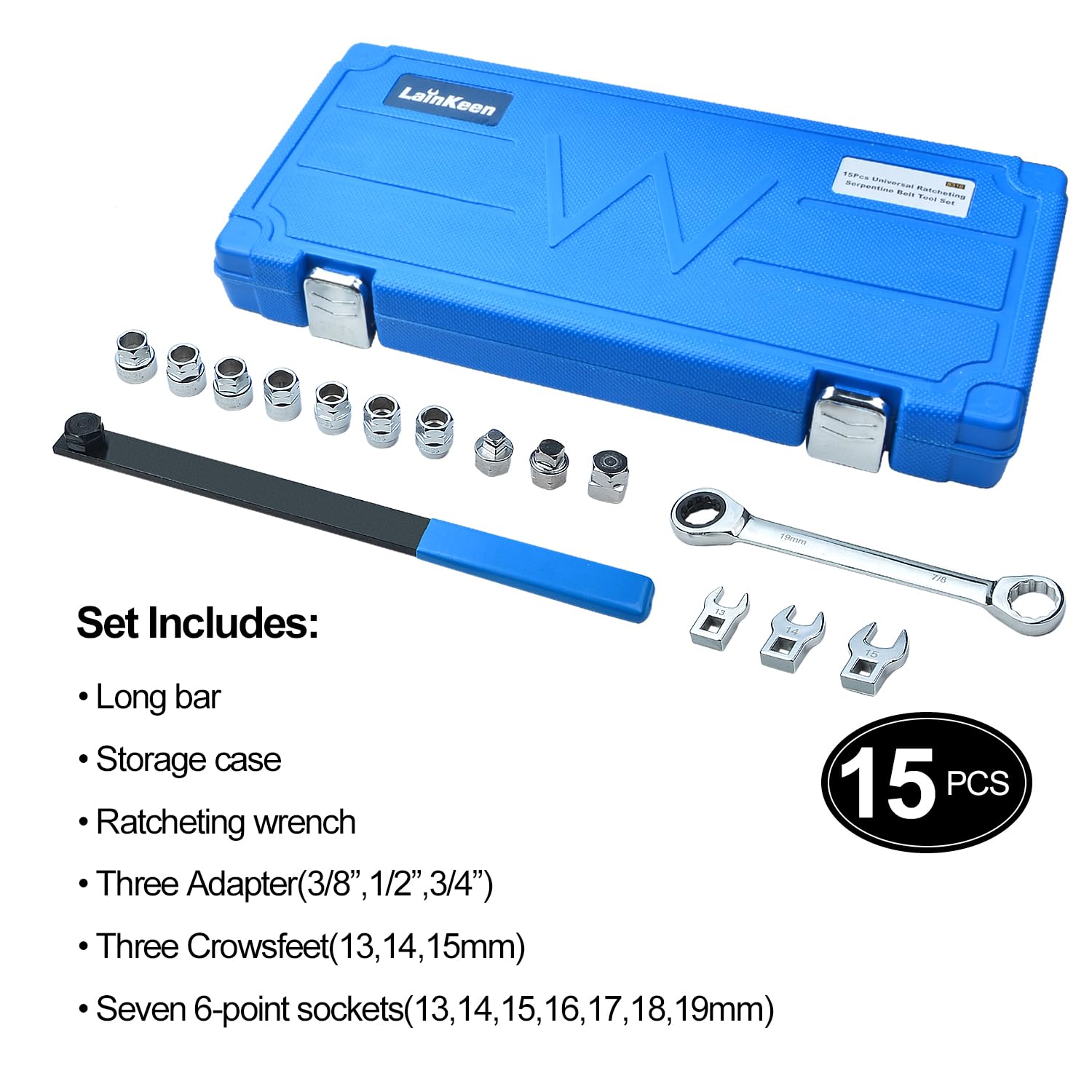 LainKeen 15-Piece Ratcheting Serpentine Belt Tool Set - Serpentine Belt Removal & Installation Kit with Reversible Ratchet Wrench, Socket Adapters, 6-Point Sockets & Crowfoot Wrenches - Perfect for Auto Repair, DIY Mechanics & Professional Garage Use