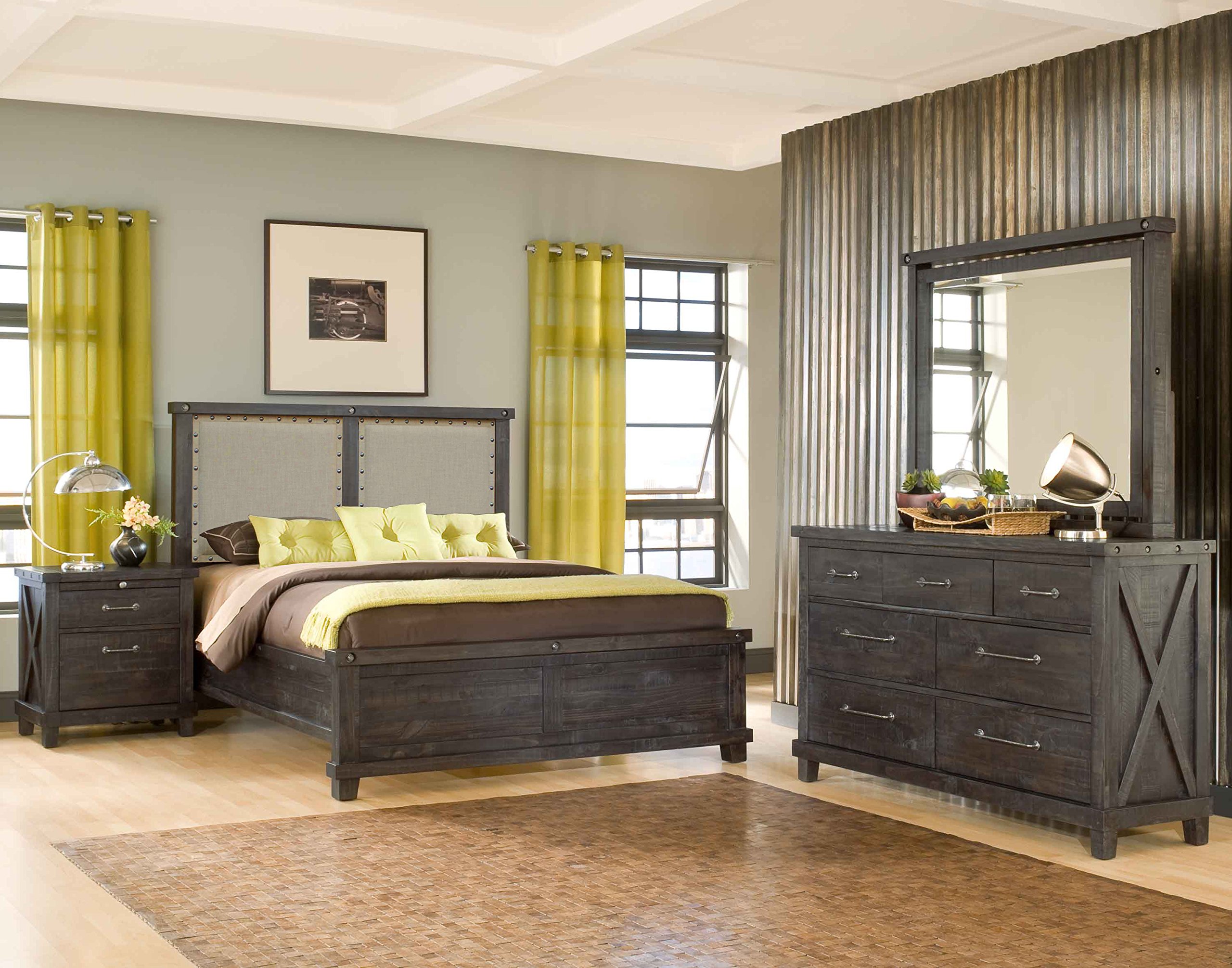 Modus Furniture Solid Wood Nailhead Panel King Bed Frame - Yosemite Café Finish | Elegant Bedroom Furniture for Master Suite & Guest Room Decor