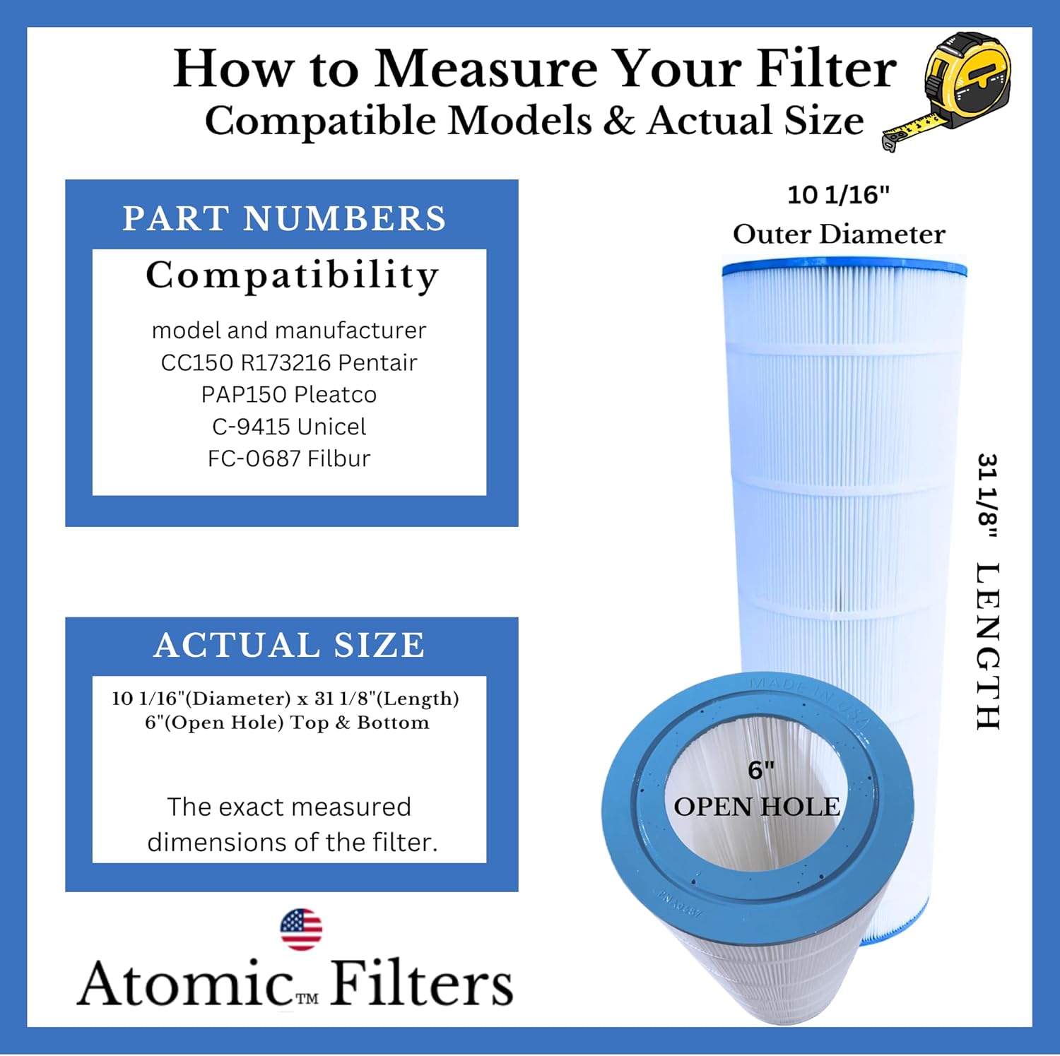 Atomic FC 0687 PAP150 C 9415 Replacement Pool & Spa Filter Cartridge - Compatible with Hayward, Pentair & More | Perfect for Inground & Above Ground Pools, Hot Tubs, Water Filtration Systems