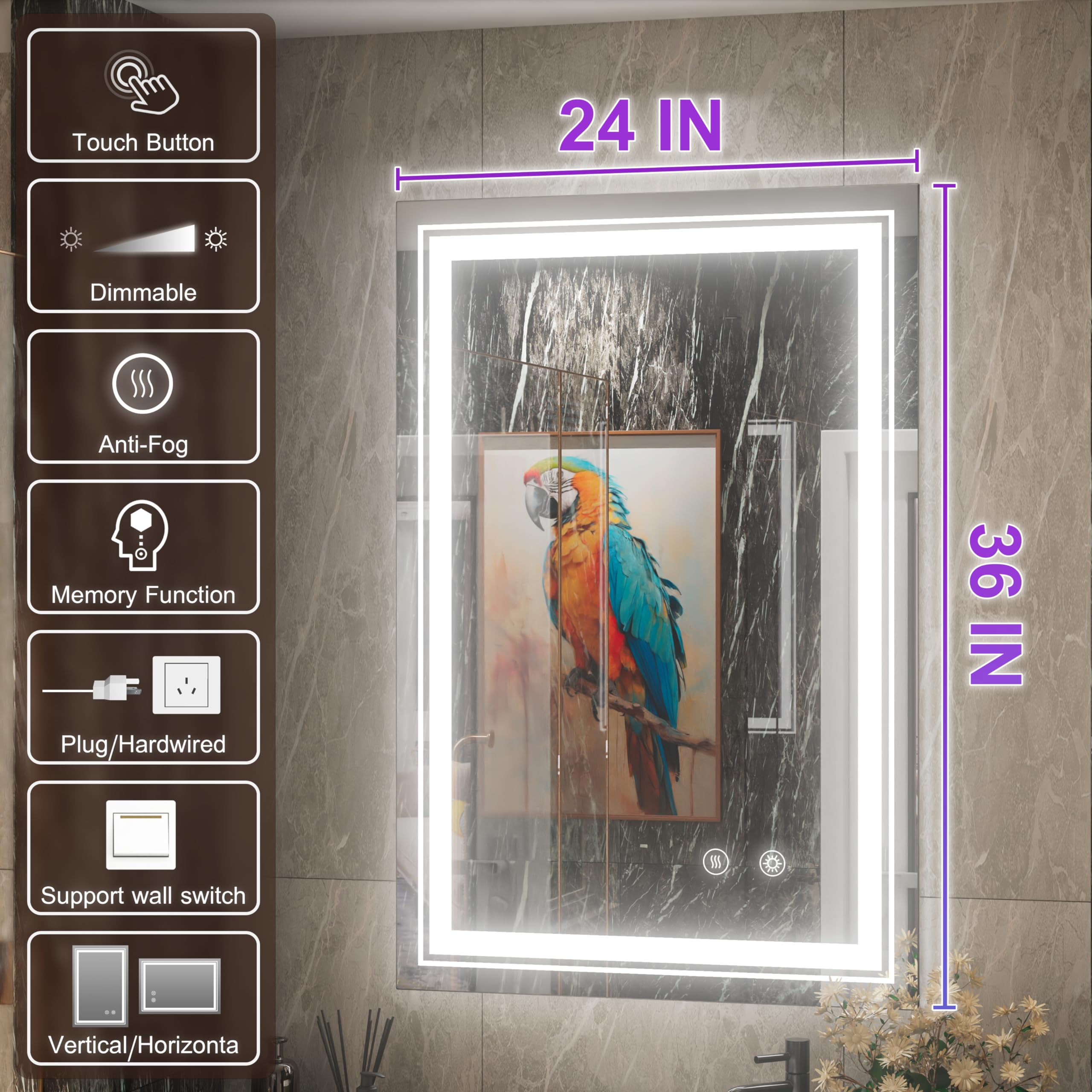 24 x 36 Inch LED Bathroom Mirror with Lights - Dimmable Anti-Fog Vanity Mirror with Memory Function, 6000K Natural Light, Wall Mounted (Horizontal/Vertical) for Makeup, Shaving & Home Decor