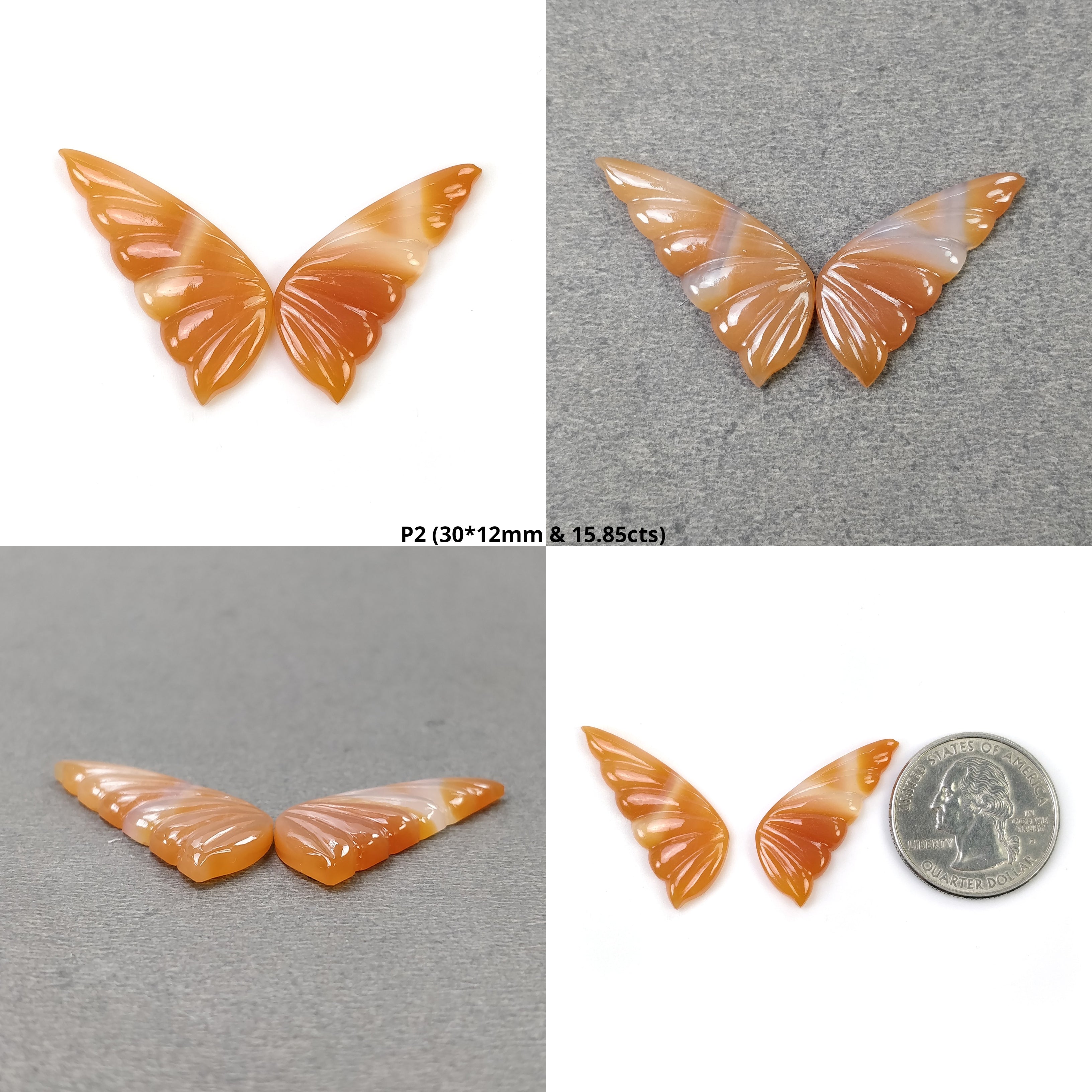 Natural Untreated Botswana Striped Agate Gemstone Carving - Hand Carved Bi-Color Agate Butterfly Pendant (29x13mm & 35x13mm Pair) for Jewelry Making, Meditation & Spiritual Healing