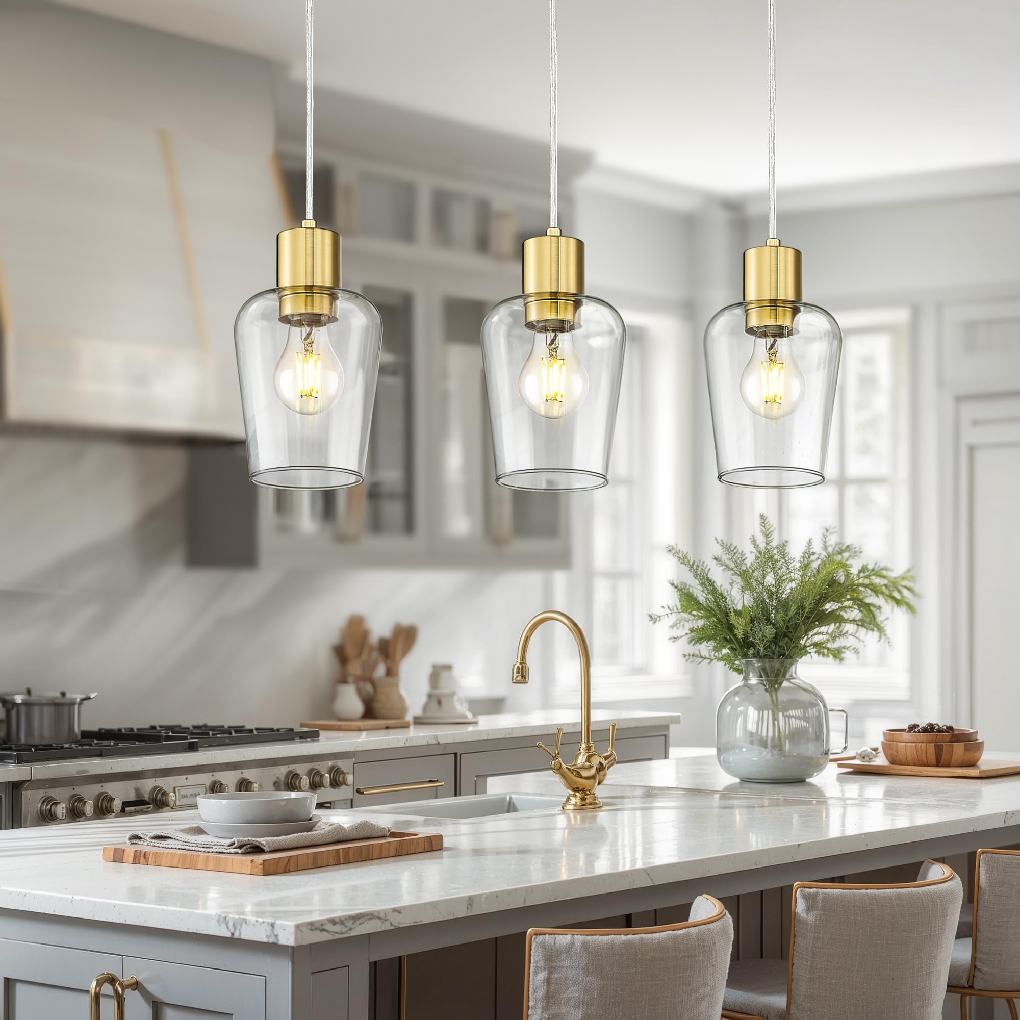 Brushed Gold 3-Light Linear Chandelier - Farmhouse Style Kitchen Island Pendant Lighting with Clear Glass Shade - Perfect for Dining Room, Breakfast Nook & Modern Farmhouse Decor (Model: LMS-123SPL-BG3)