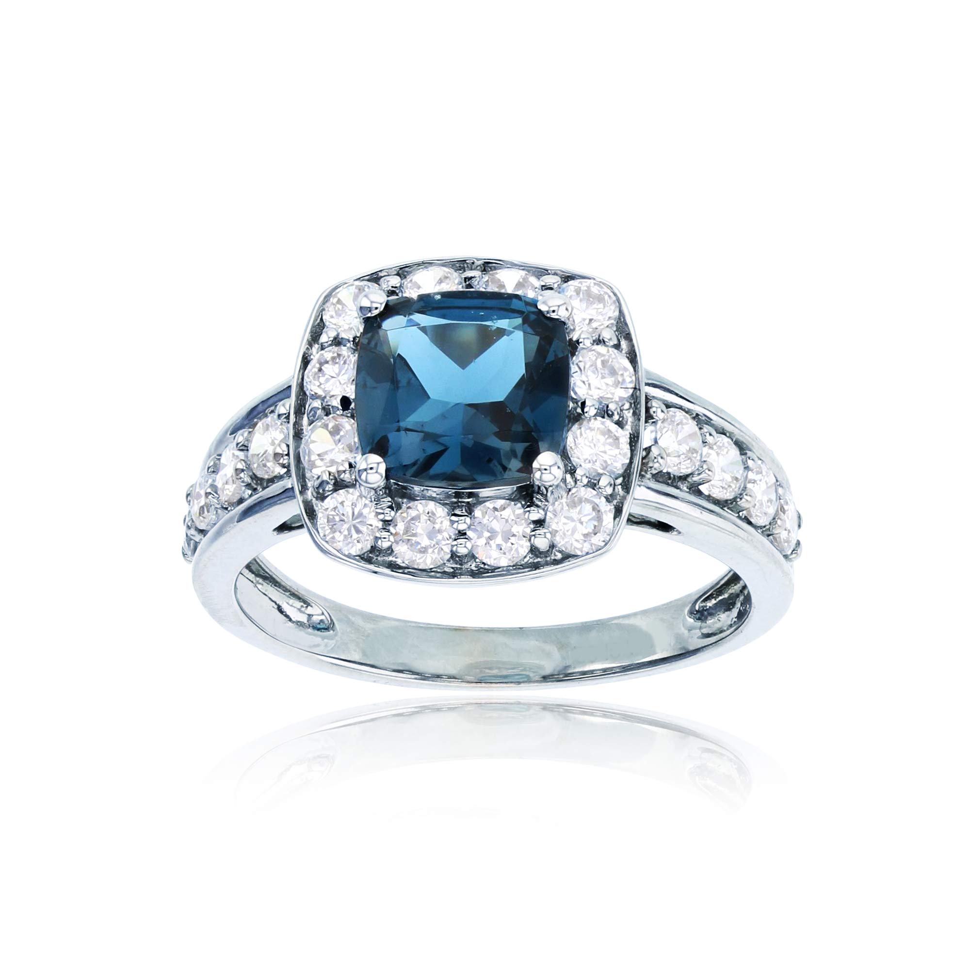 Sterling Silver Rhodium Plated 7mm Cushion Cut London Blue Topaz & Round White Sapphire Halo Ring for Women - Elegant Engagement, Wedding, Anniversary Jewelry Gift