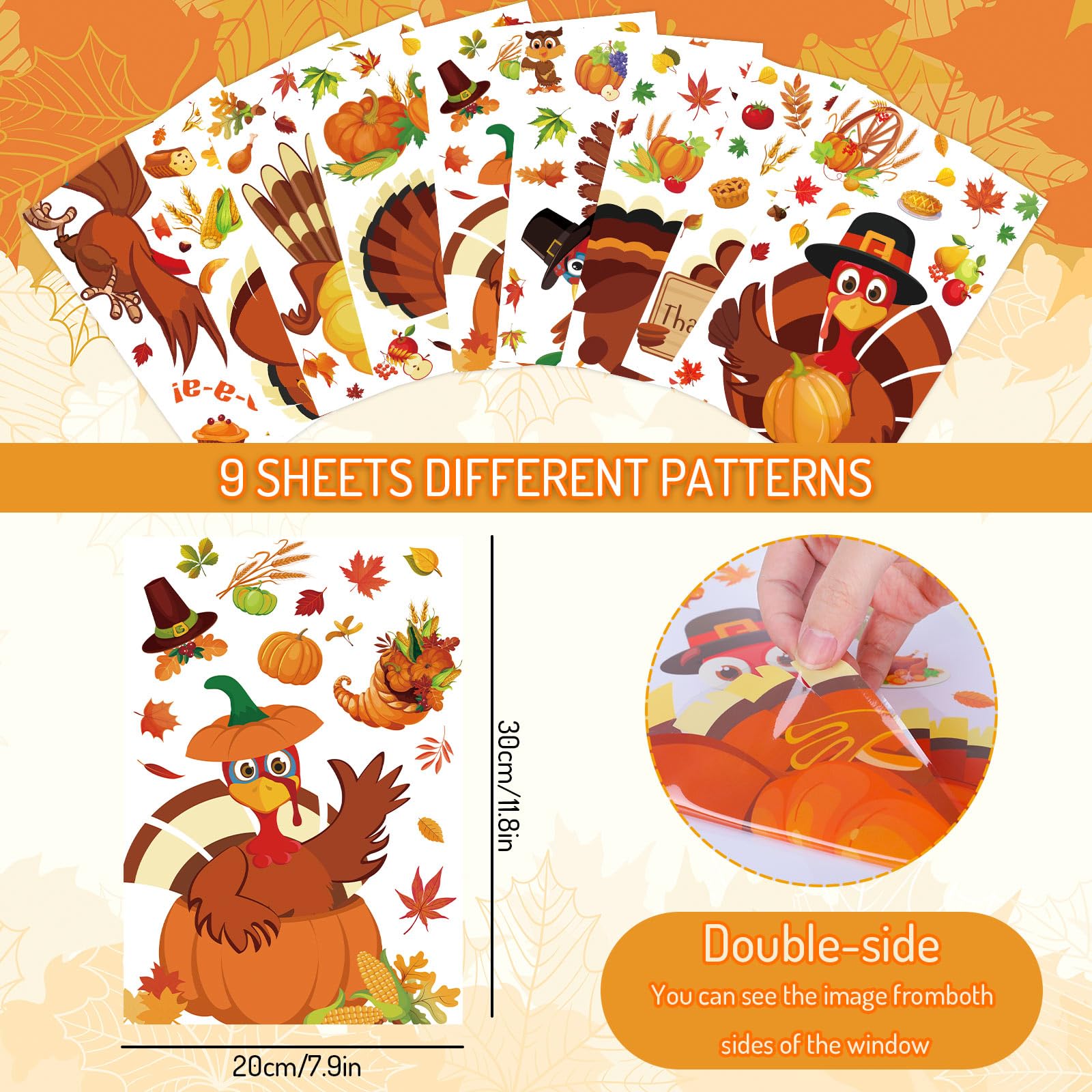 9 Sheet Thanksgiving Window Clings - Autumn Turkey Pumpkin Fall Leaves Window Decals for Home, School, Office Decor | Seasonal Party Supplies & Holiday Gifts | Perfect for Thanksgiving Decorations, Classroom Activities & Festive Home Styling