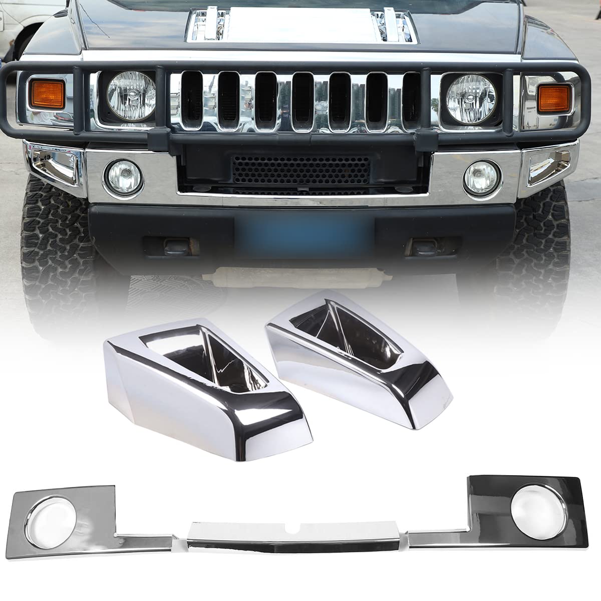 Hummer H2 2003-2009 Front Bumper Corner Bezels Cover & Lower Trim Set - 5-Piece Protection Kit (Bright Silver) | Durable Bumper Guards for Off-Roading & Daily Driving