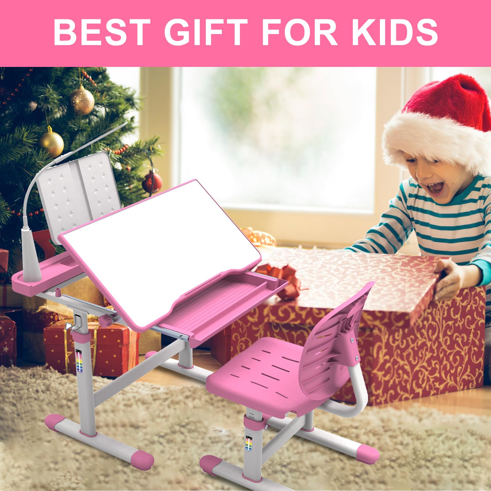 BELANITAS Kids Desk and Chair Set - Adjustable Ergonomic Study Desk for Children Ages 5-8 with 40° Tiltable Desktop & Built-in Light, Pink - Perfect for Homeschooling, Online Learning & Homework Station