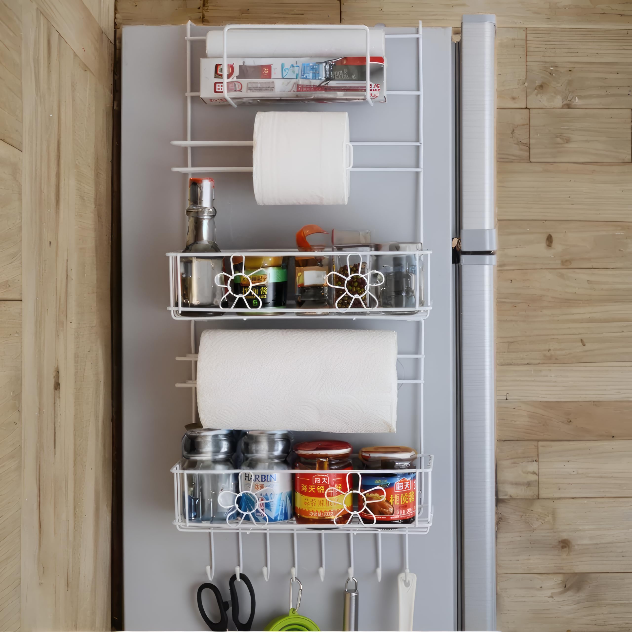 Decorlay 3-Tier Refrigerator Side Shelf Organizer - Wrought Iron Hanging Storage Rack for Kitchen, Spices, Tissue Box & More | Space-Saving Fridge Organizer | Perfect for Small Kitchens & Apartments (White)