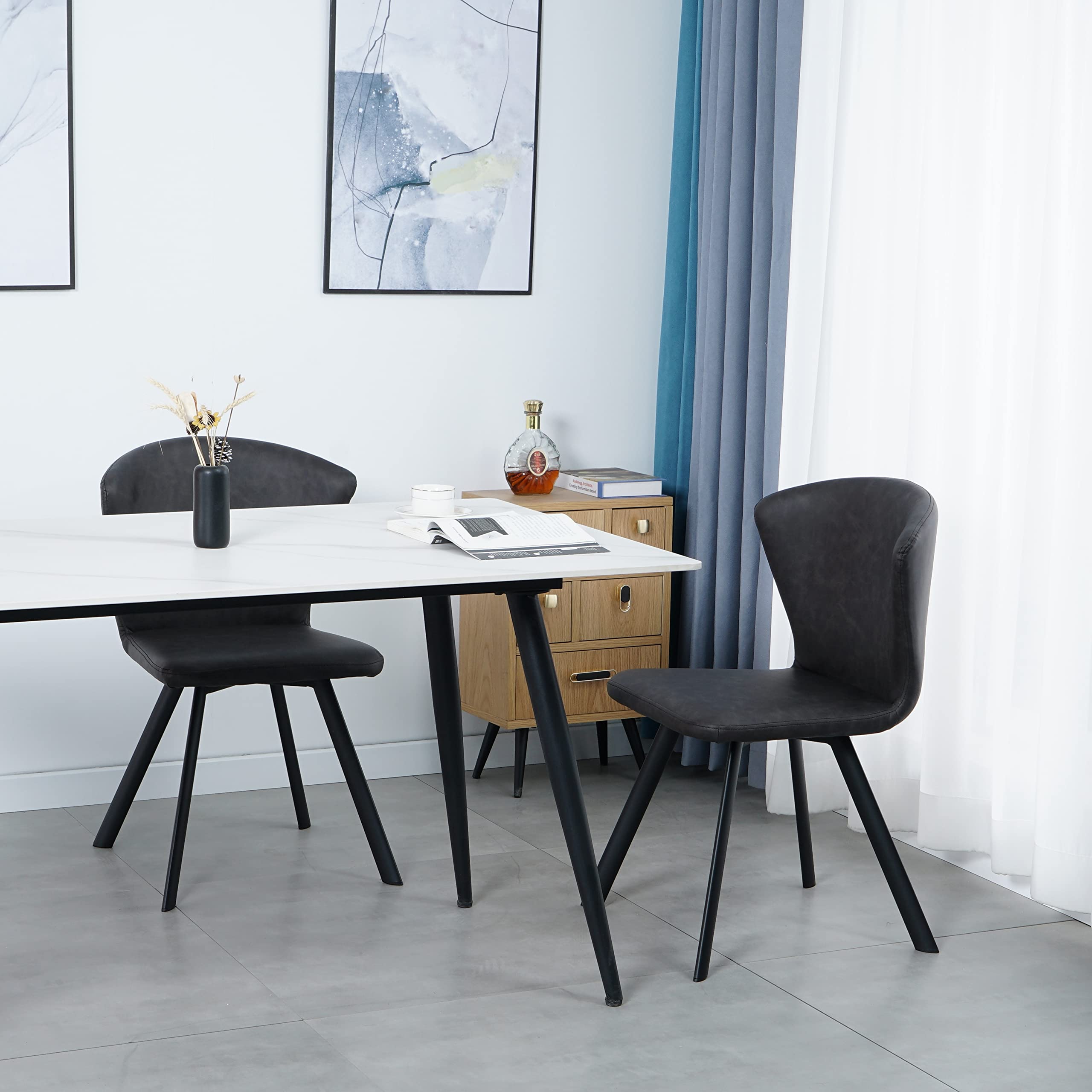Modern PU Leather Dining Chairs Set of 2 - Black Metal Legs, Dark Brown Upholstery for Kitchen, Living Room & Dining Room - Perfect for Small Spaces, Apartments and Home Decor