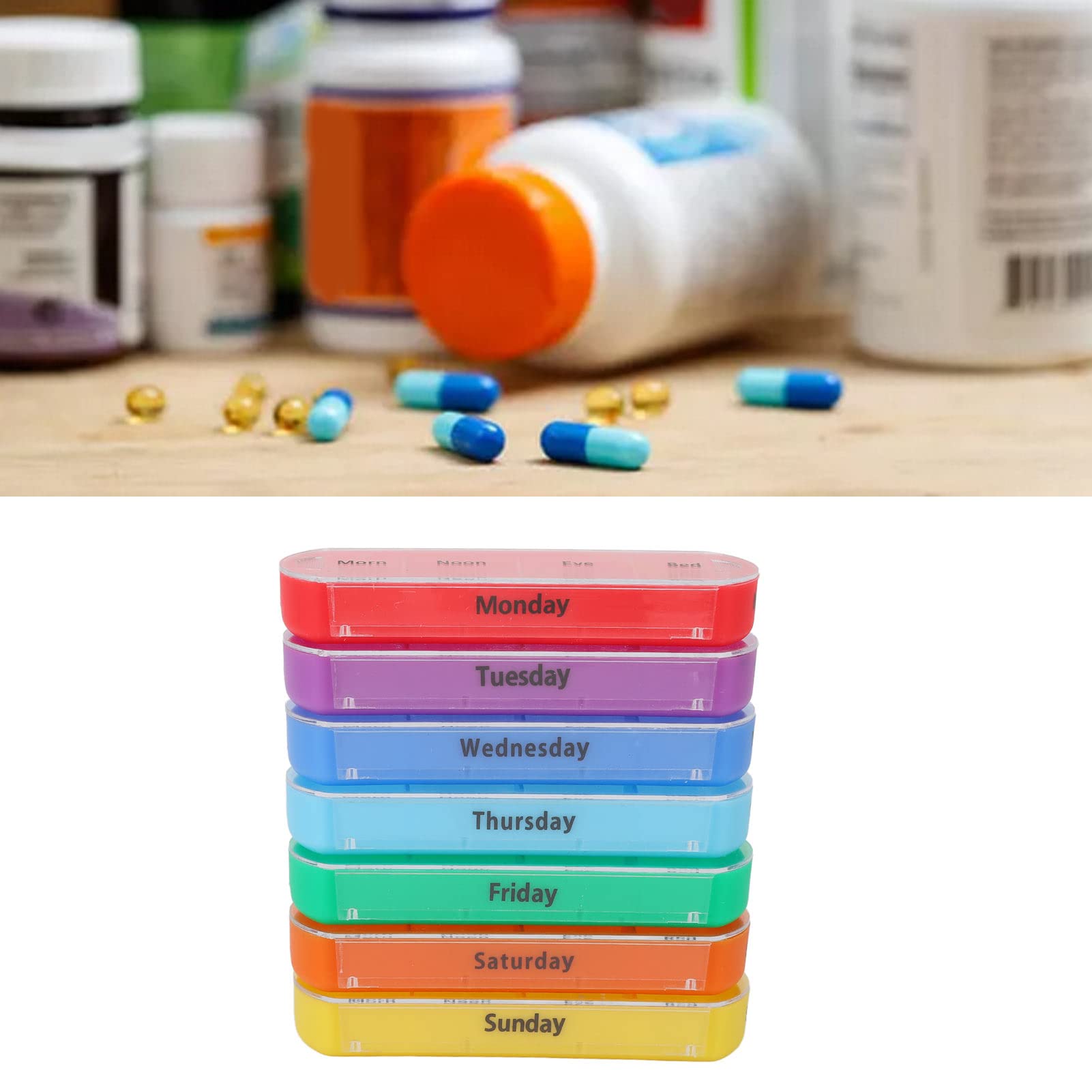 7 Colors Portable Push Button Pill Organizer - 7 Day Weekly Medicine Box with 28 Compartments & Storage Bag - Perfect for Travel, Home, and Daily Medication Management