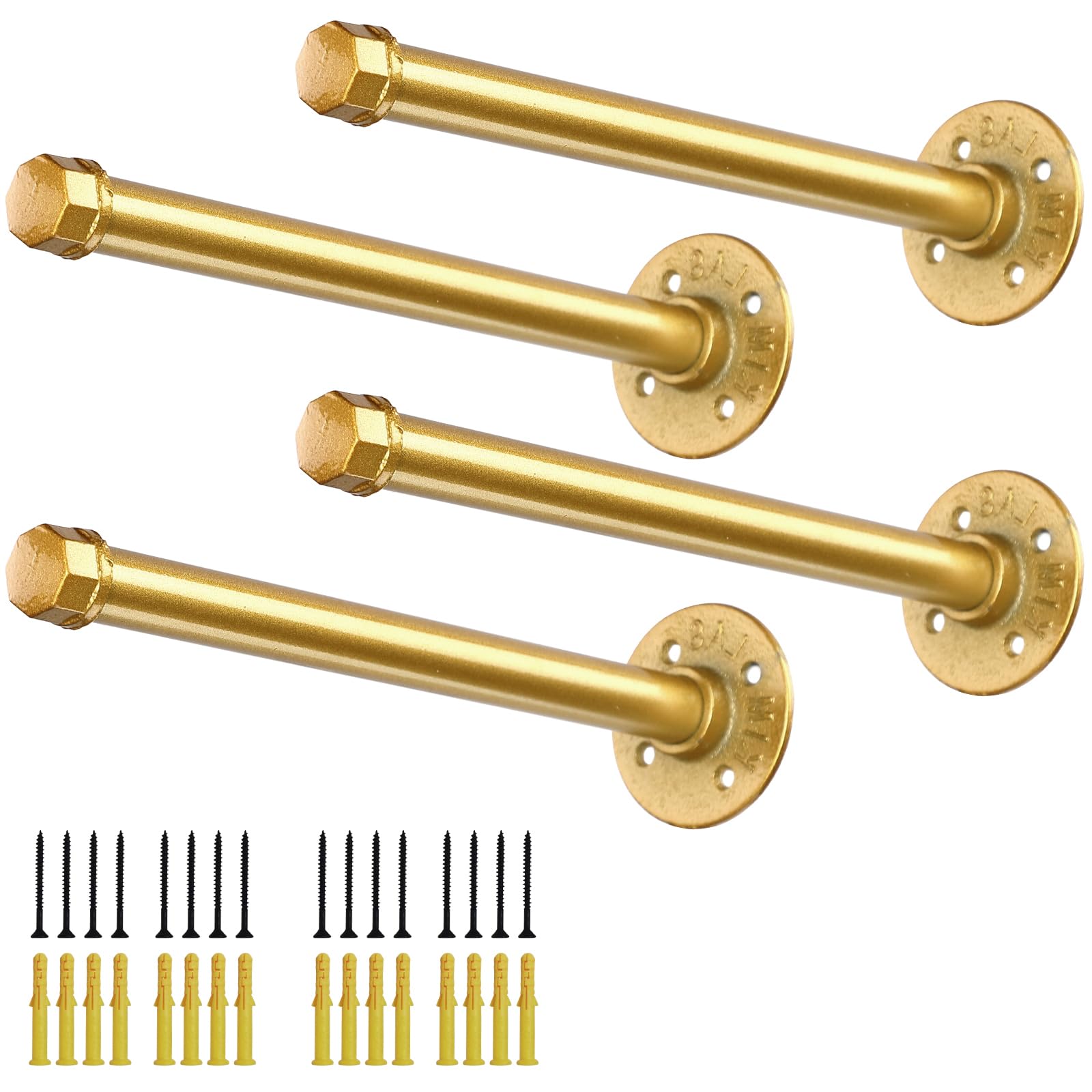 Vintage Industrial Gold Pipe Shelf Brackets 8 Inch - Set of 4, Heavy Duty Wall Mounted Iron Brackets for Floating Shelves, DIY Home Decor & Kitchen Organization