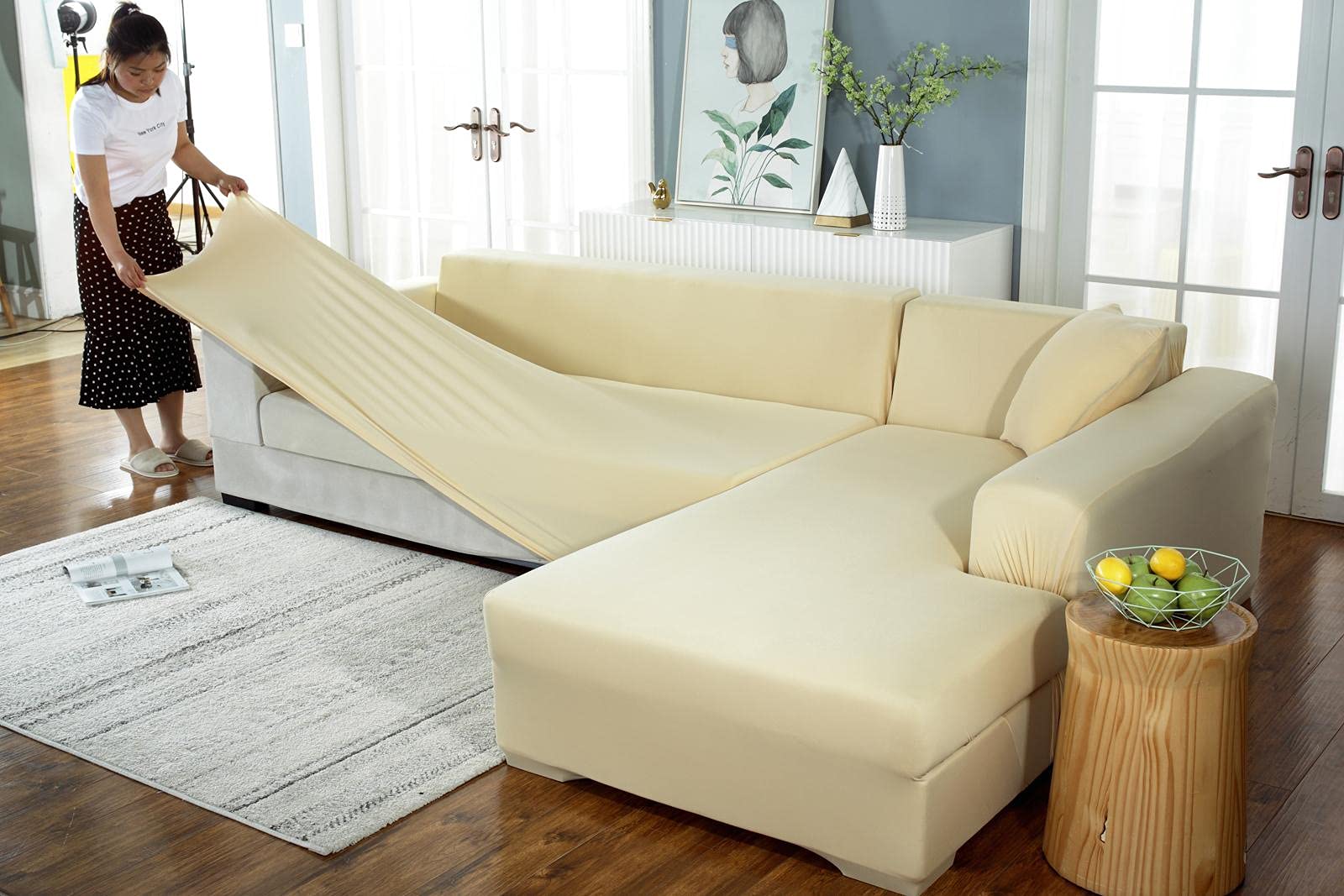 L-Shaped Elastic Sectional Sofa Cover - Non-Slip Furniture Protector for 4+4 Seat Couch, Washable & Durable Chaise Lounge Covers in Brown | Perfect for Living Room, Family Room & Home Theater Seating