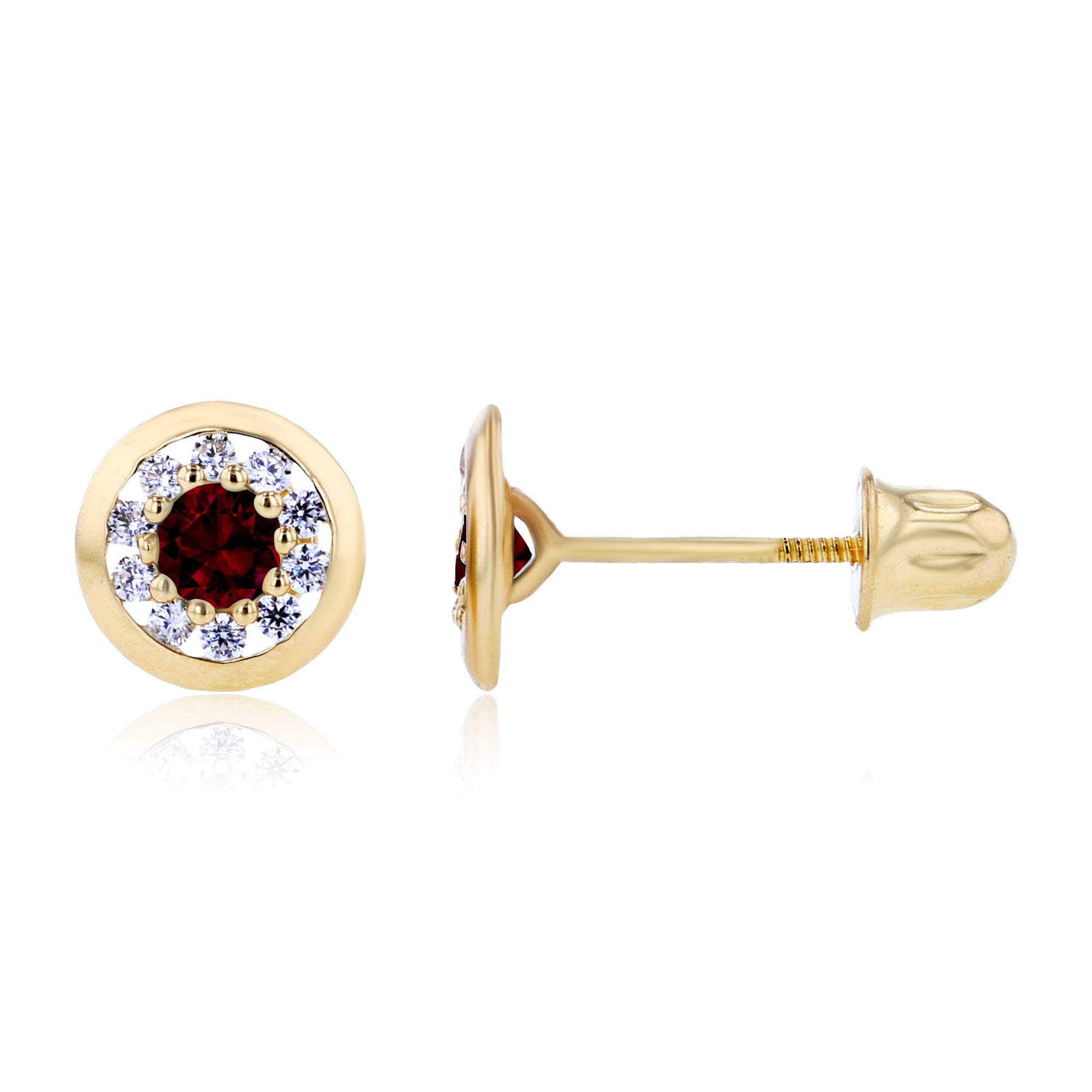 14K Solid Gold 6mm Round Birthstone Stud Earrings for Women - Natural Gemstone Screw Back Earrings with 1mm White Sapphire Pavé Circle | Perfect for Everyday Wear, Gift Giving & Special Occasions