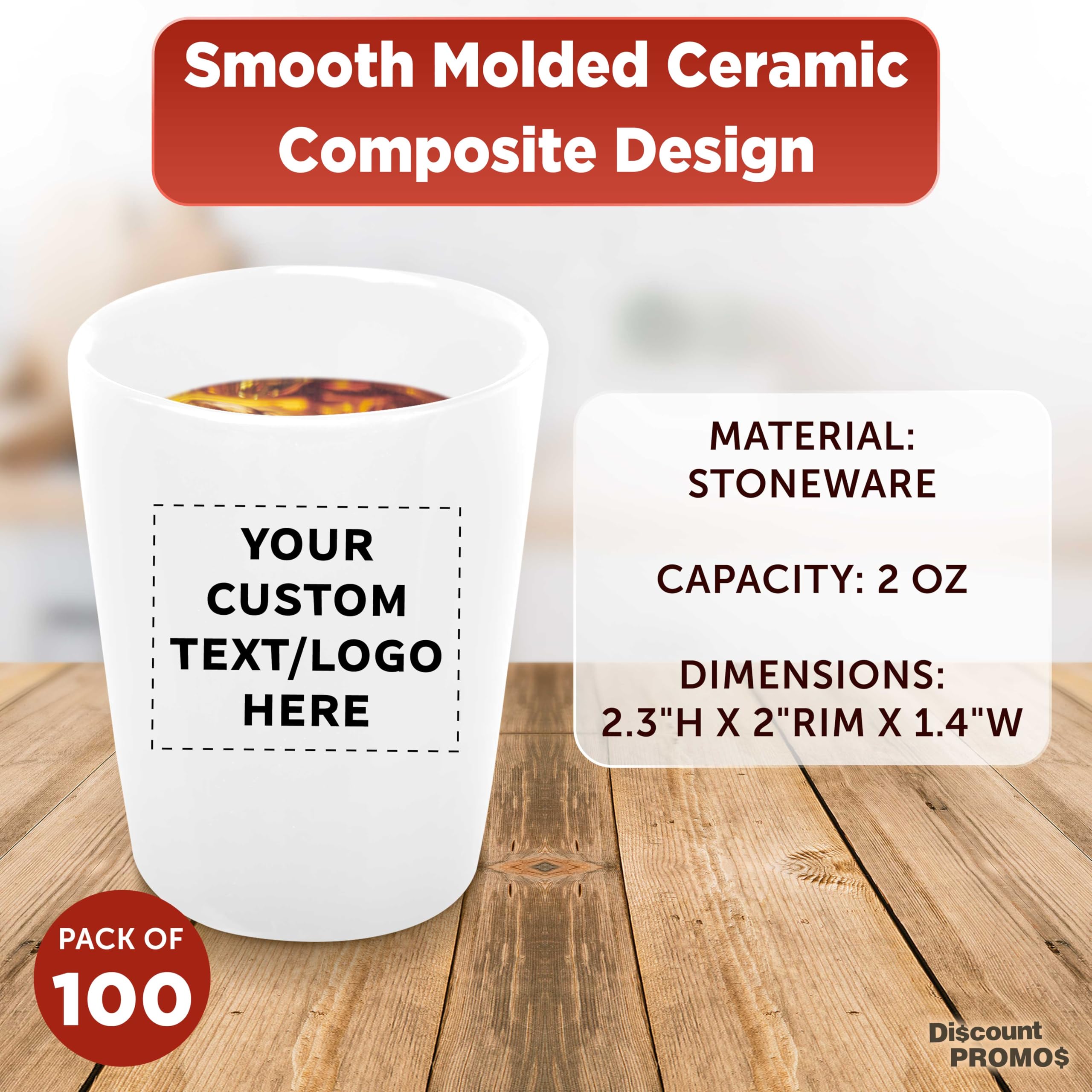 100-Pack Customizable 2 oz Ceramic Shot Glasses with Glossy Finish - Personalized Text & Logo - Barware & Drinkware for Parties, Weddings, and Events - White
