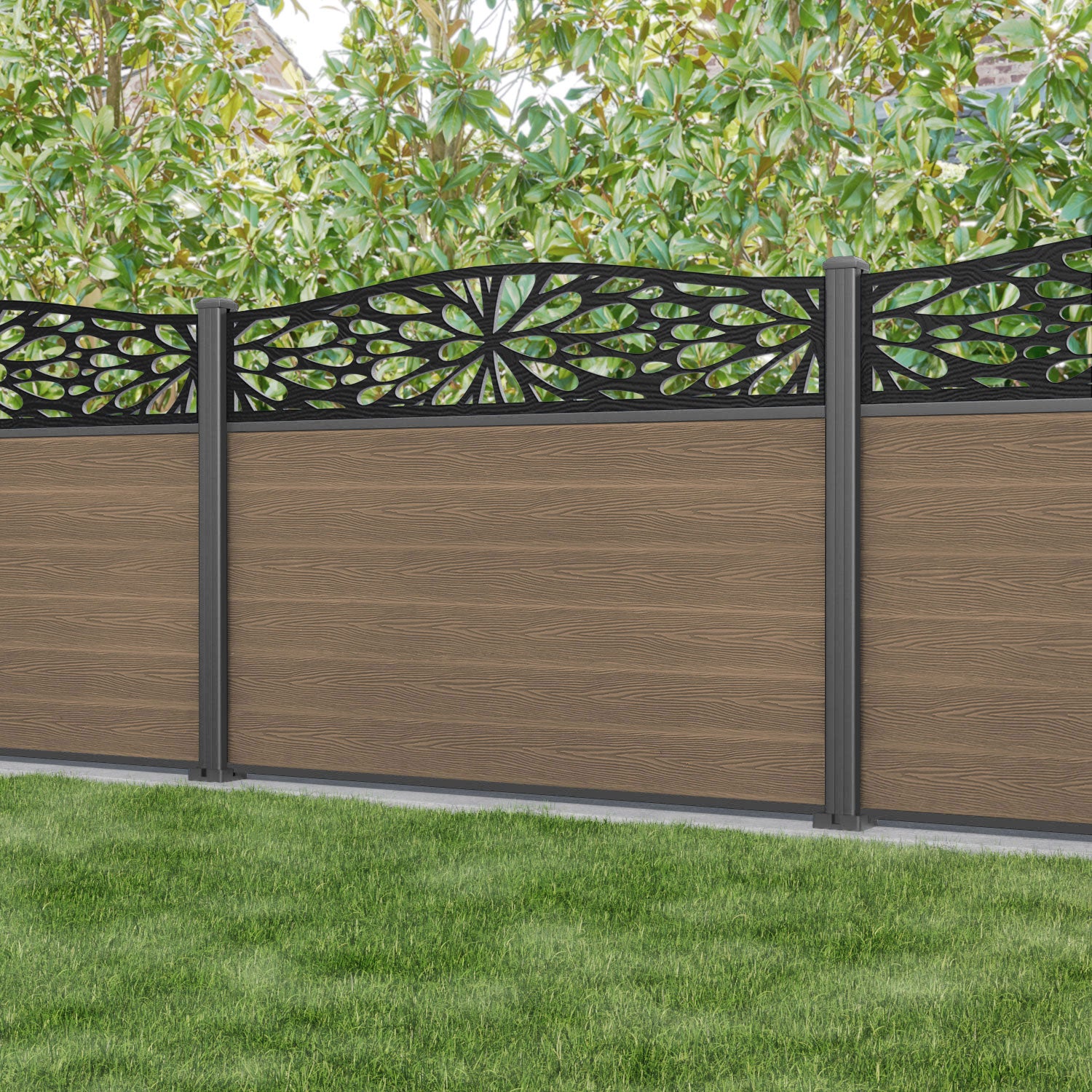 Classic Blossom Curved Top Teak Wood Fence Panel with Aluminum Posts - Elegant Garden Privacy Fence for Backyard, Patio, and Poolside Landscaping