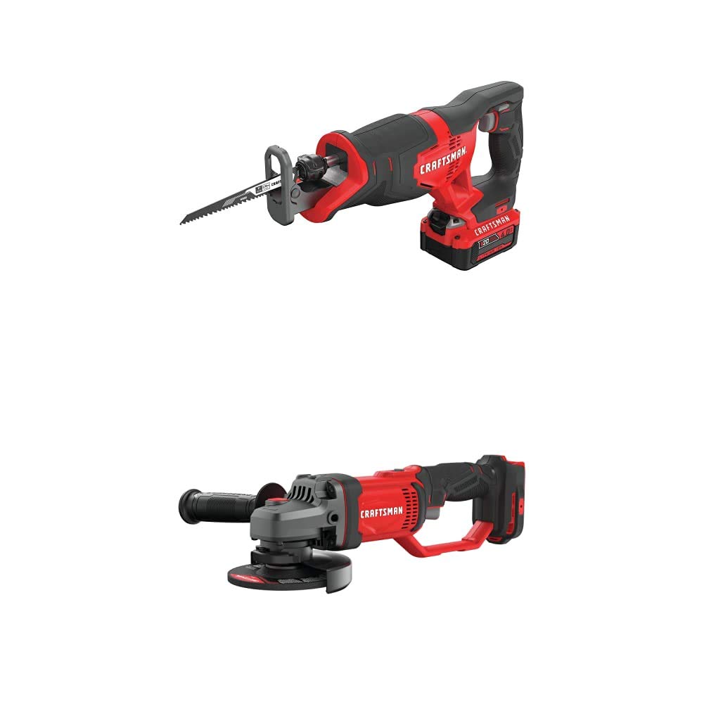 CRAFTSMAN V20 Cordless Reciprocating Saw and Angle Grinder Kit, 4-1/2-Inch, 20V Lithium-Ion Battery (CMCS300M1 & CMCG400B) - Perfect for DIY Projects, Wood Cutting, Metal Grinding, and Home Renovations