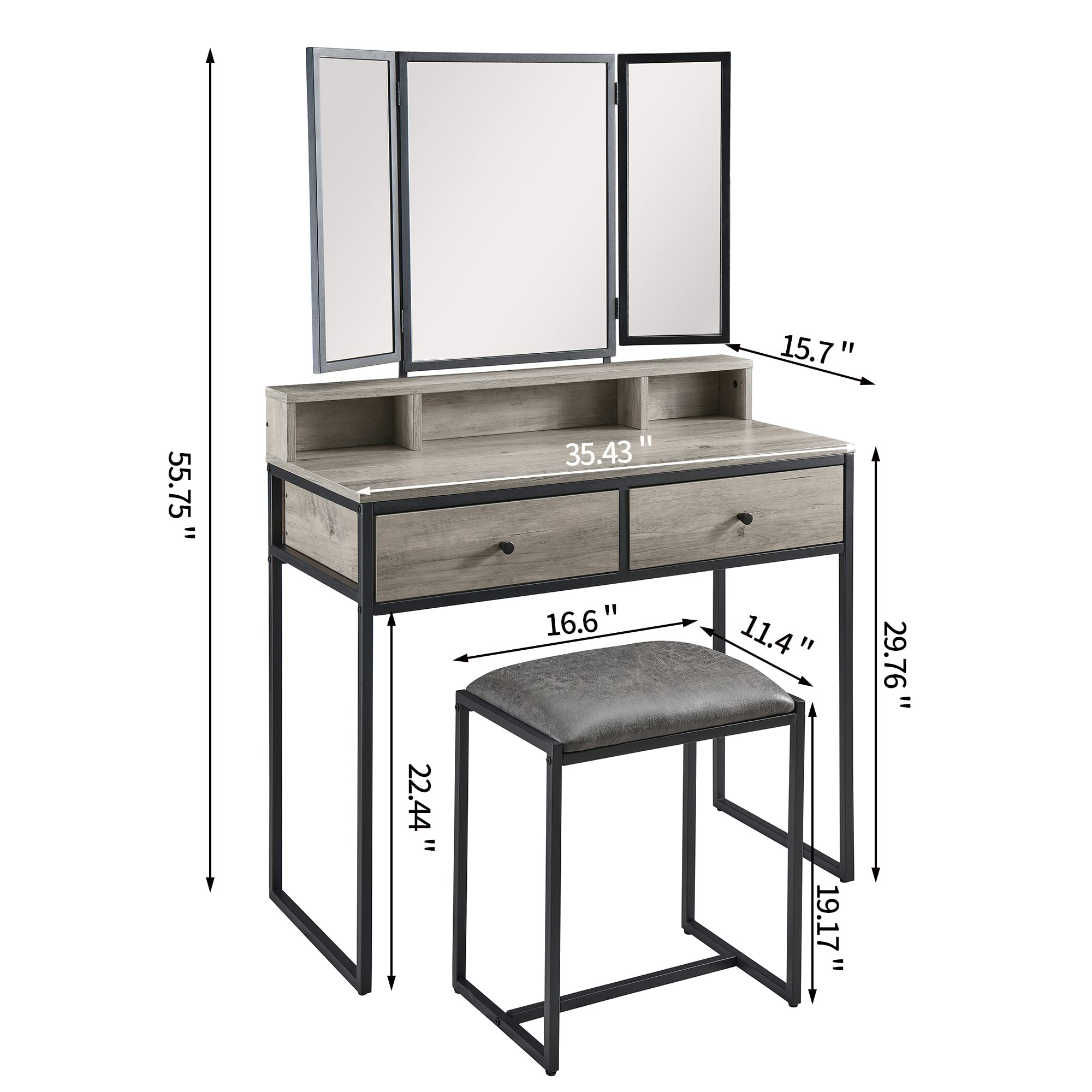MODERION Vanity Table with Upholstered Stool Set - White Dressing Table Desk with 2 Drawers & Large Mirror | Perfect for Bedroom, Makeup Vanity & Beauty Salon Organization