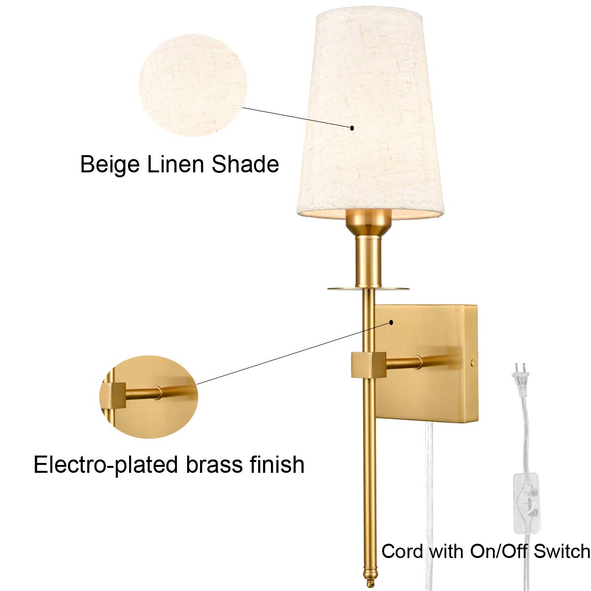 Modern Brass Plug-In Wall Sconces Set of 2 - Gold Wall Lights with Fabric Shade for Bedroom, Hallway, Bathroom & Living Room - Elegant Lighting for Home Decor and Ambient Illumination