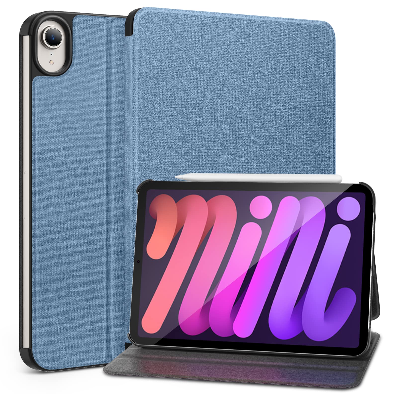 DTTO iPad Mini 6 Case 2021 (8.3 inch) - Light Blue Fabric Texture Cover with Auto Wake/Sleep & Apple Pencil 2 Charging | Slim Hard PC Back Protection | Perfect for Work, School & Travel Accessories
