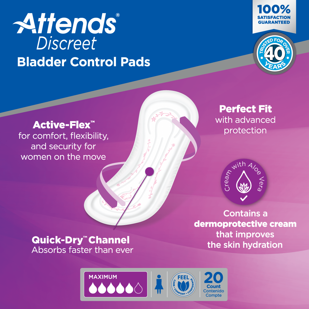 Attends Discreet Women's Maximum Absorbency Incontinence Pads - Overnight Protection for Active Lifestyles & Postpartum Care