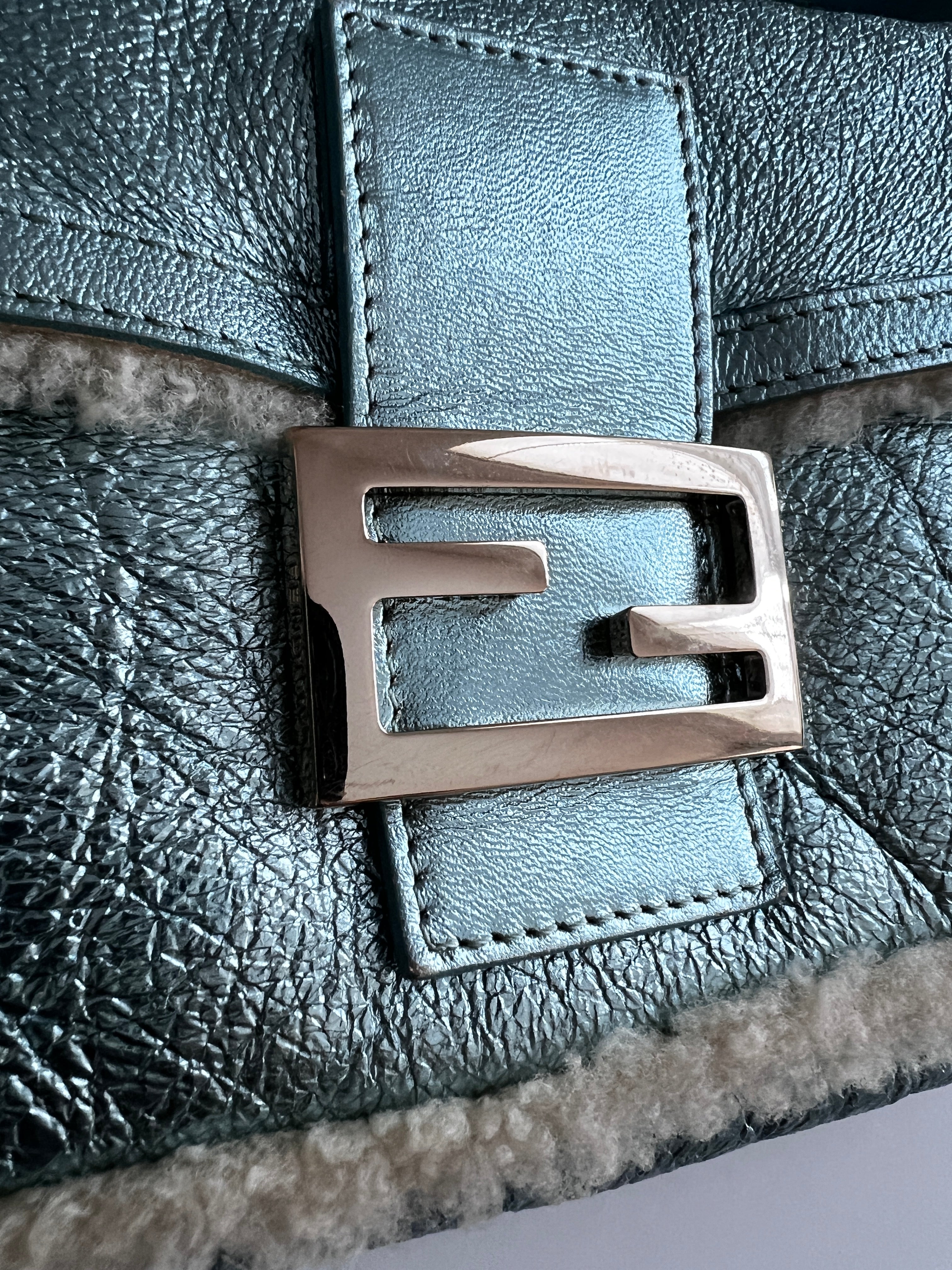 Fendi Metallic Ice Blue Shearling Baguette Bag - Luxury Shoulder Purse for Women, Perfect for Parties, Events & Everyday Use