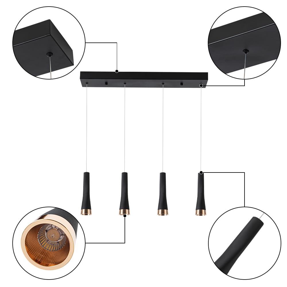 4 Head Adjustable Black Island Pendant Lights - 20W 2500lm Modern Kitchen Lighting Fixture for Dining Room, Office, Living Room & Bedroom - 110V 6000K Cool White - Perfect for Kitchen Islands, Countertops & Workspaces