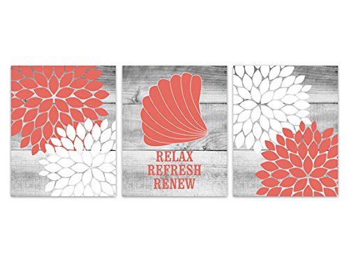 Relax Refresh Renew Coral Grey Bathroom Wall Art Décor - 5