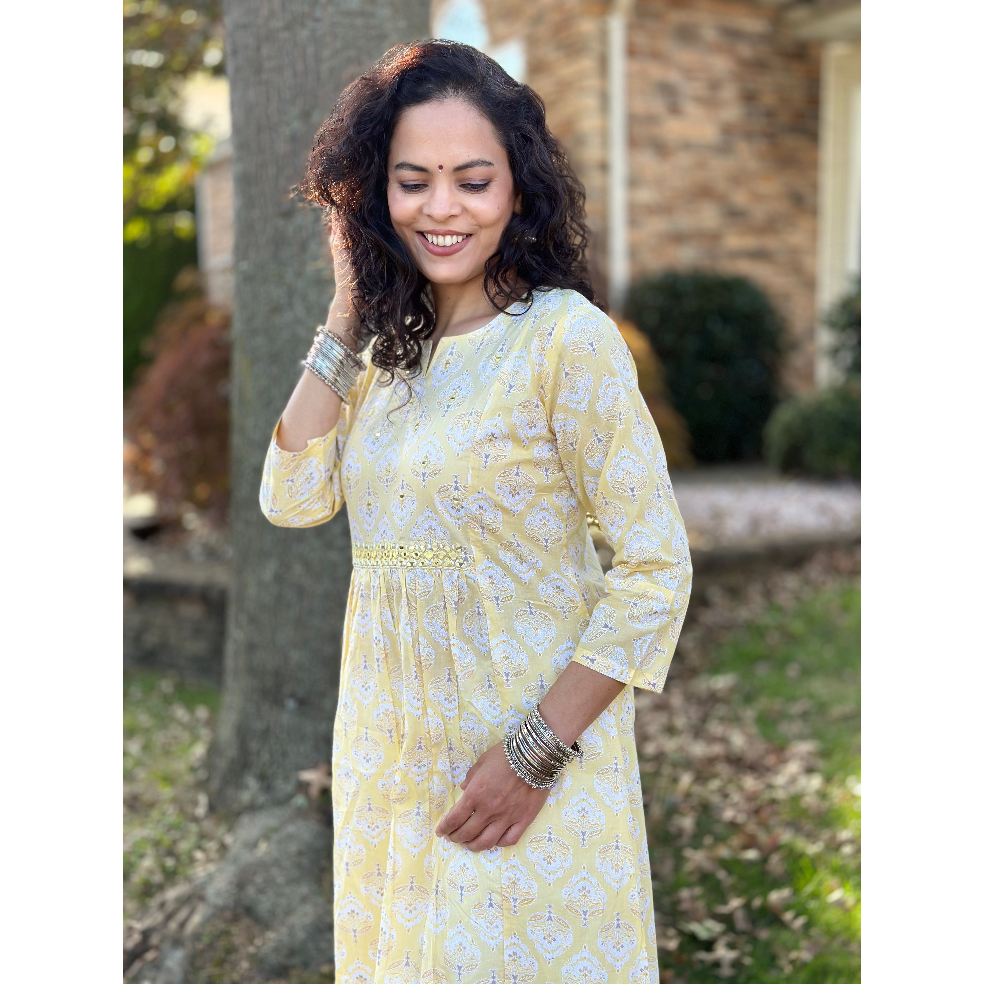 Stylish Yellow and White Kurti with Elegant Mirror Embroidery - Perfect for Festivals, Parties & Casual Wear