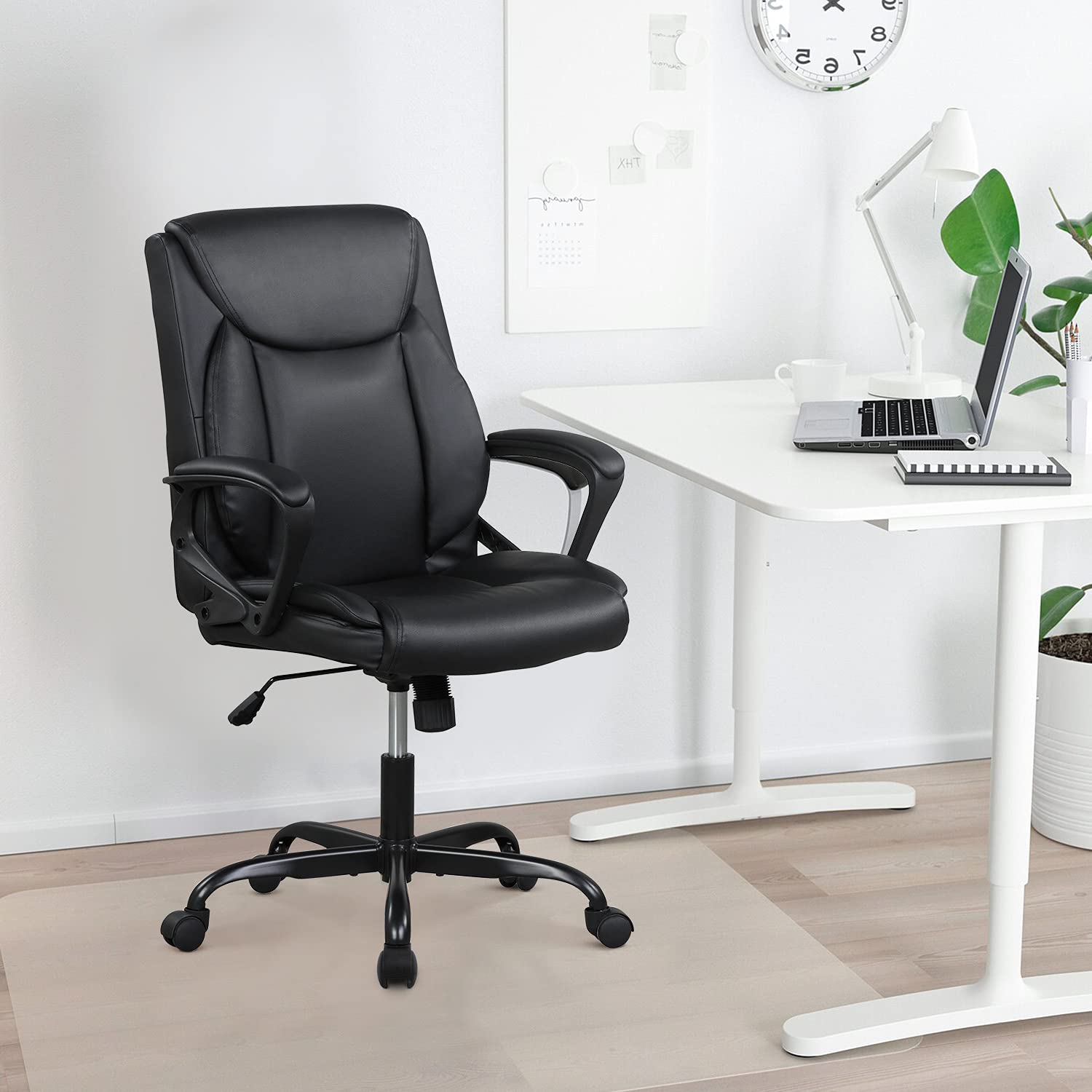 Premium Ergonomic Office Chair - Adjustable Leather Computer Chair with Lumbar Support & Rolling Swivel Wheels - Mid Back Executive Desk Chair for Home & Office - Black