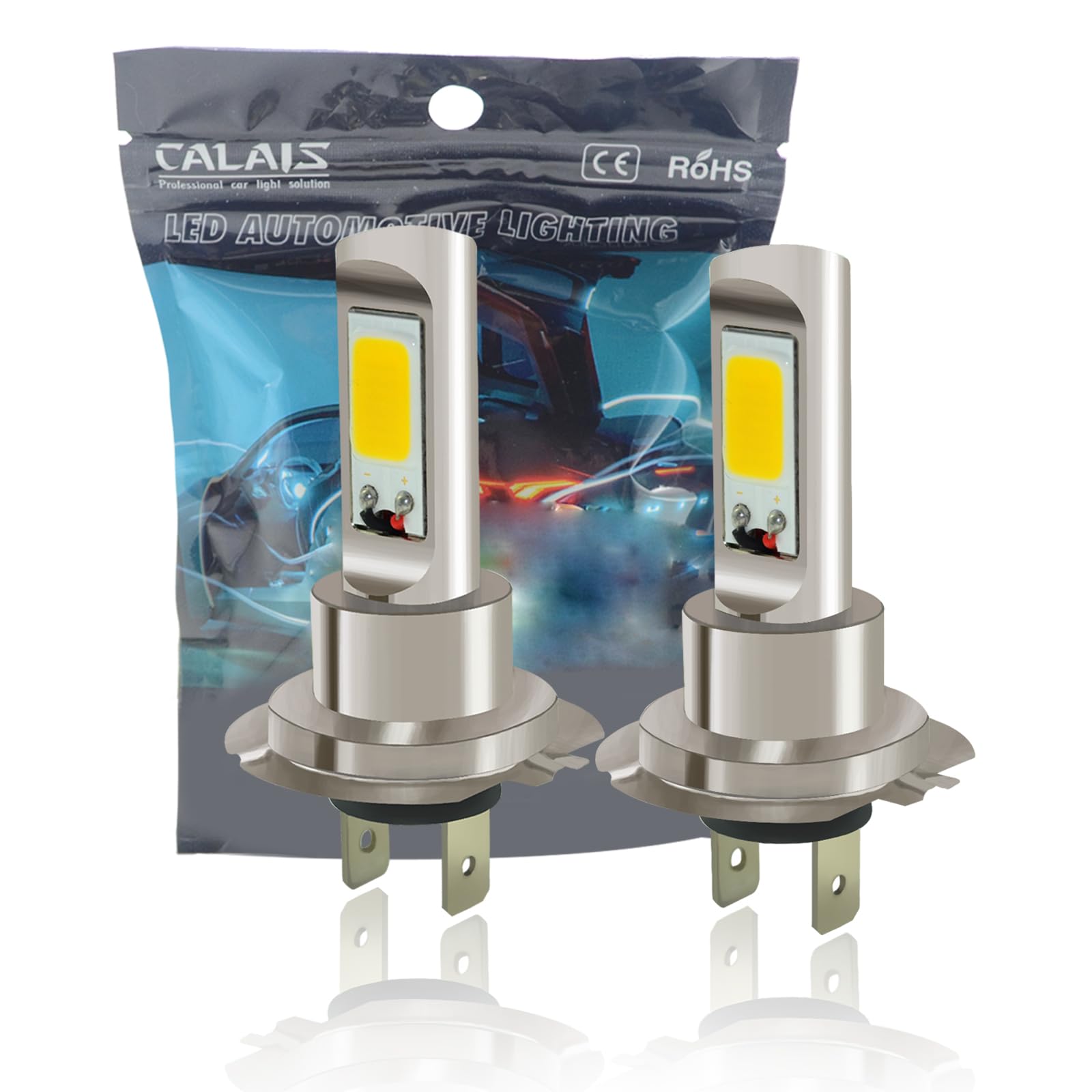 CALAIS Ultra Bright H7 LED Fog Lights - 2000 Lumens, High Power COB Chips, 3000K Yellow Light - Perfect Replacement Bulbs (Set of 2) for Enhanced Visibility in Rain, Snow & Foggy Conditions