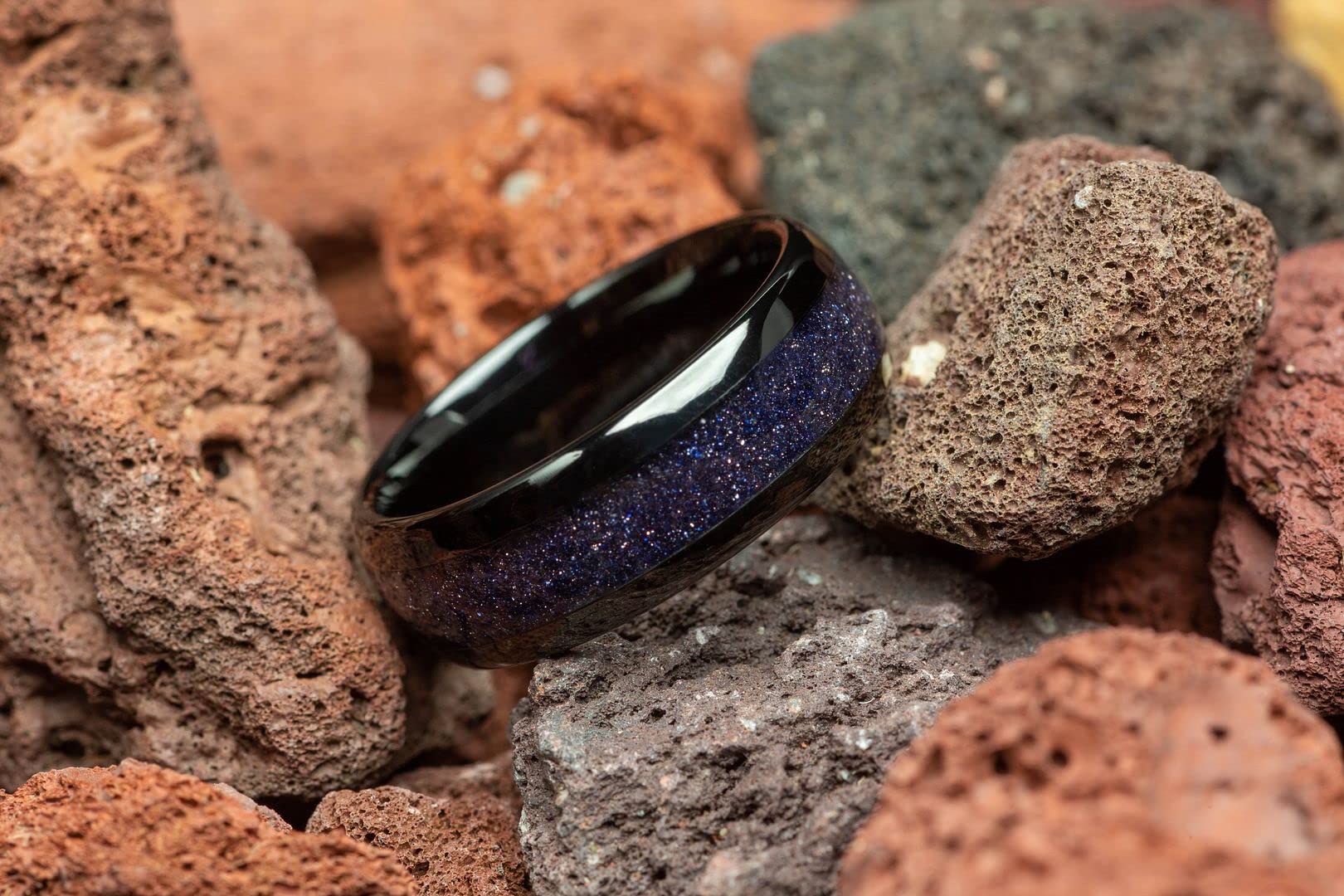 Black Tungsten Sandstone Outer Space Nebula Men's Wedding Ring - 8mm Comfort Fit Band for Men - Perfect for Weddings, Anniversaries & Everyday Wear