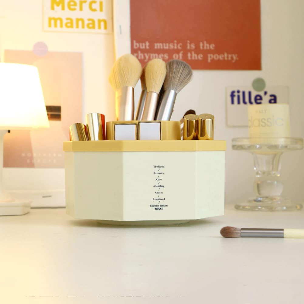 360° Rotating Desk Organizer - 5-Compartment Multi-Functional Pen Holder & Office Supply Storage Box, White & Yellow | Perfect for Home Office, School, Art Studio & Workspace Organization