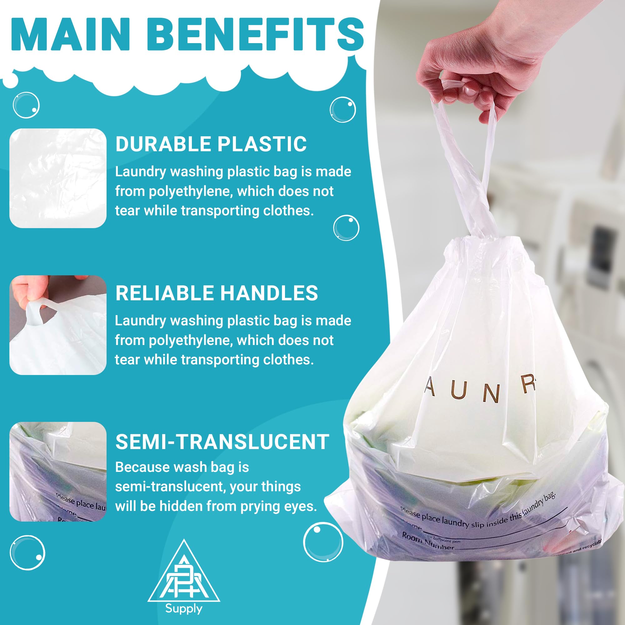 1000 Pack Disposable Travel Laundry Bags - 18x19x4 Inch White Hotel Plastic Bags for Dirty Clothes, 0.9 Mil Semi-Translucent Drawstring Bags with Write-On Block - Perfect for Hotels, Hospitals, Gyms & Travel Organization