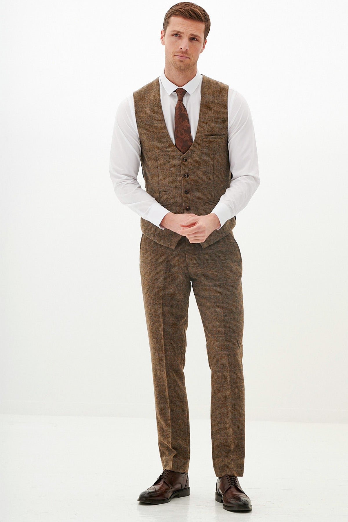 KRIS Tan Tweed Three Piece Suit for Men - Premium Wool Blend Formal Business Suit Set - Perfect for Office, Weddings & Special Occasions