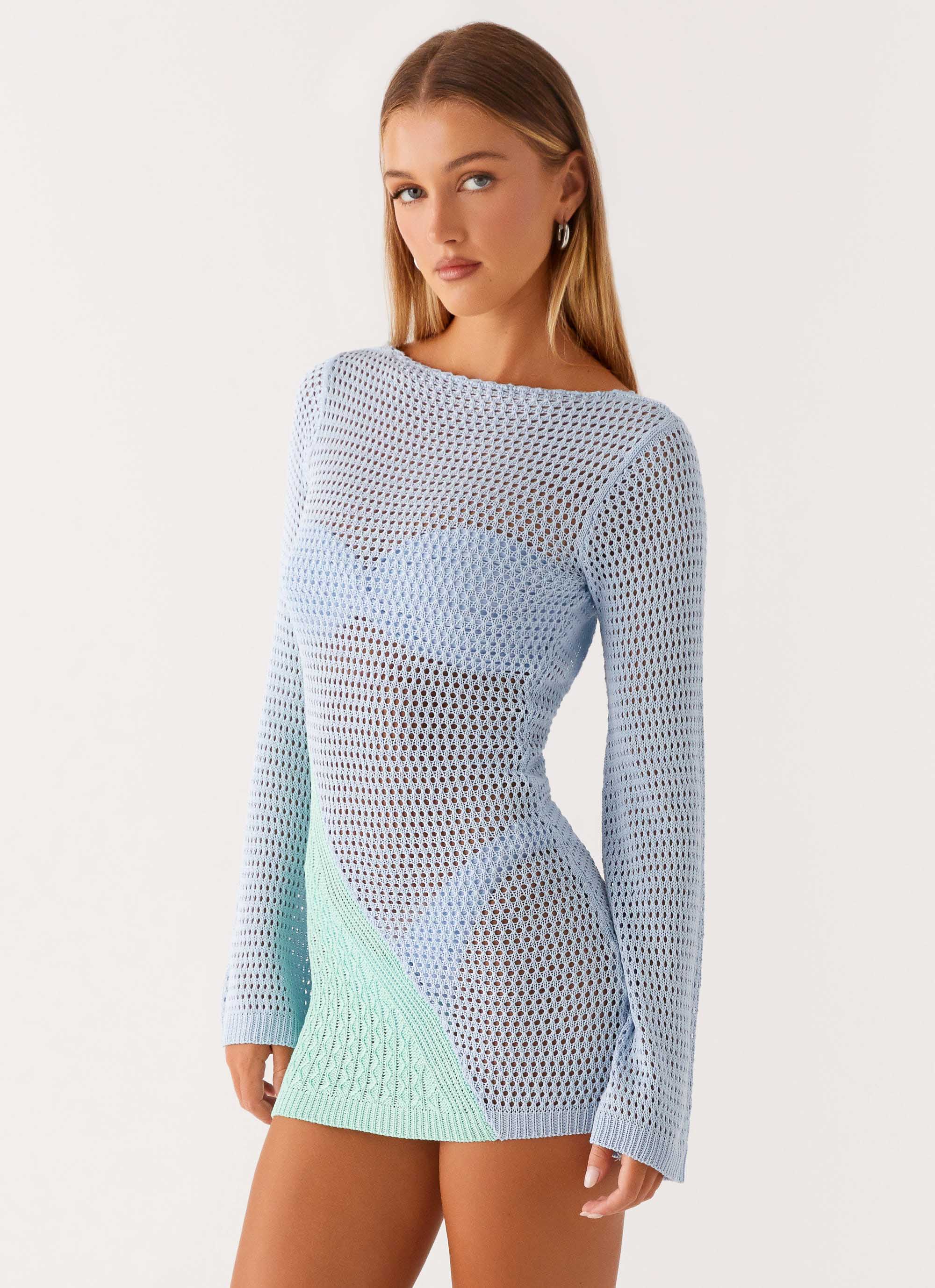 Estie Long Sleeve Crochet Mini Dress - Boho Chic Lace Up Beach Cover Up, Summer Party Dress for Women | Perfect for Beach Vacations, Music Festivals & Date Nights