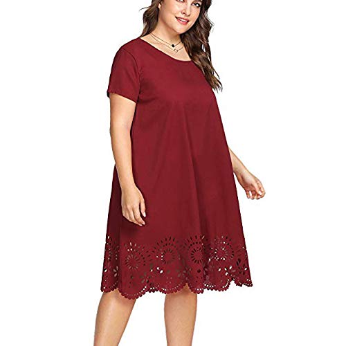 Plus Size Casual Short Sleeve Hollow Out O-Neck Solid Dress for Women - Birthday Party, Summer Outfits, Beach Wear & Everyday Fashion