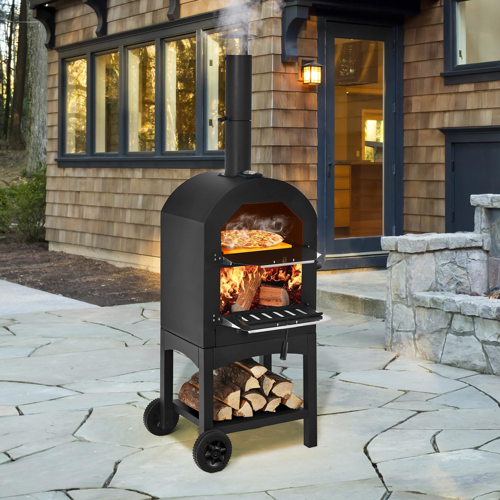 COSTWAY 70813-CYOP Wood Fired Outdoor Pizza Oven with Peel, Stone & Waterproof Cover - Portable Backyard, Patio, Camping Grill for Authentic Italian Pizza & BBQ Cooking