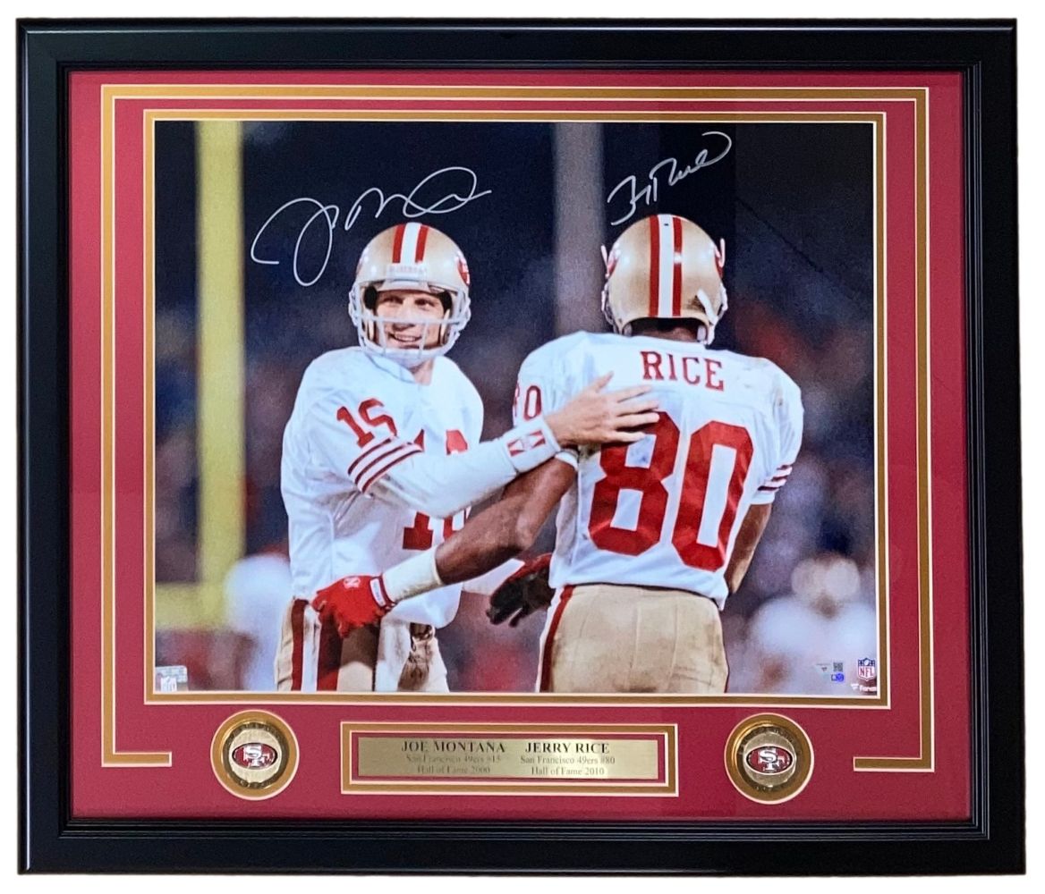 Joe Montana & Jerry Rice Autographed 16x20 Framed Photo - San Francisco 49ers Memorabilia - Perfect for Sports Fans, Man Cave Decor, and NFL Collectors