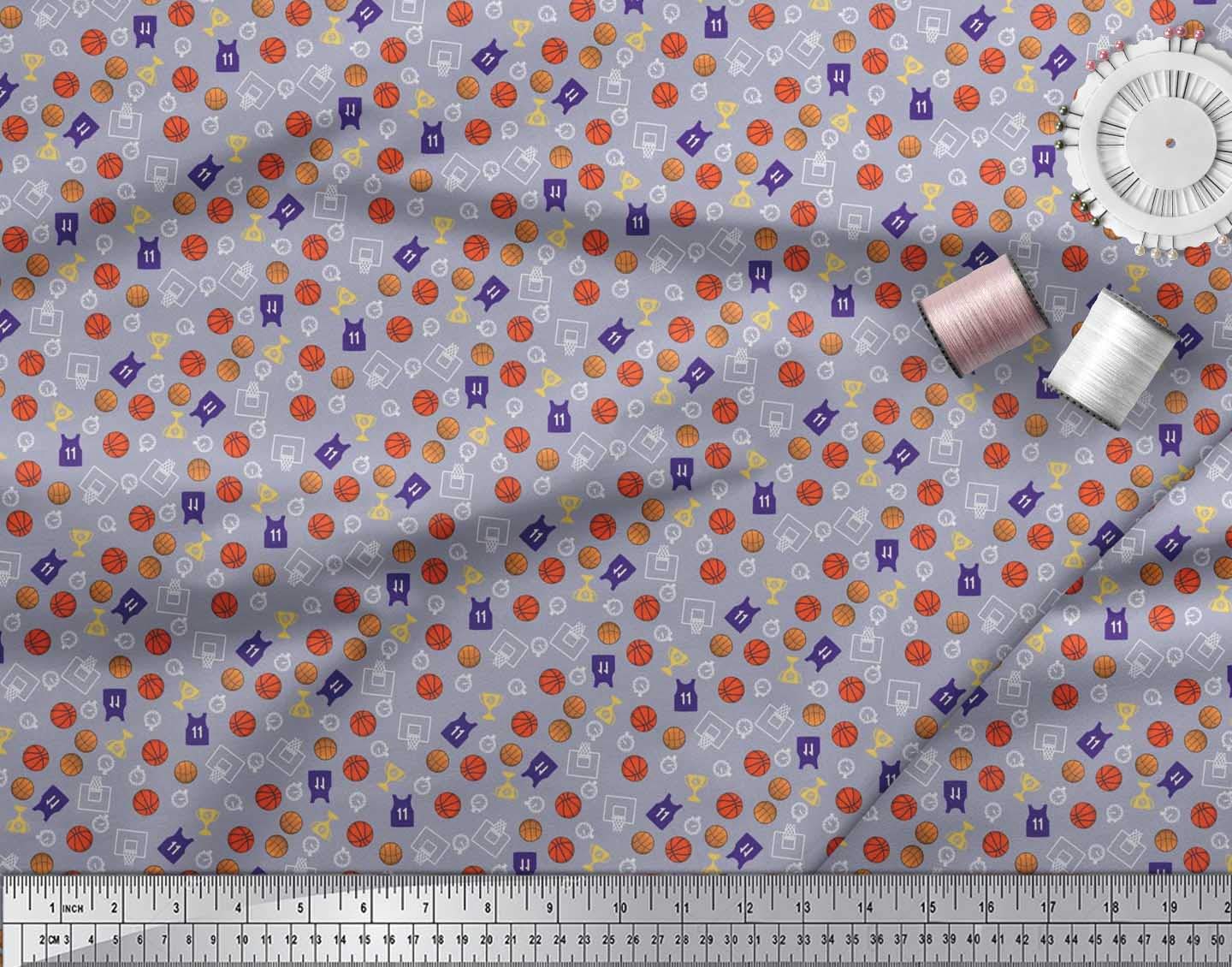 Soimoi Rayon Grey Fabric by The Yard - 42 Inch Wide - Sports Print with Trophy, Timer Clock & Basketball Design - Perfect for DIY T-Shirts, Quilting, and Home Decor Projects