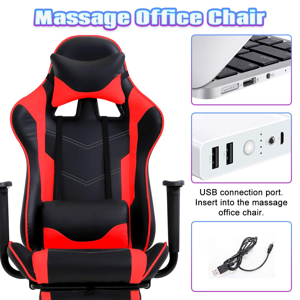Ergonomic Red PC Gaming Chair with Massage Lumbar Support, Adjustable Racing Office Chair with Footrest & Headrest - Perfect for Home Office, Video Gaming & Streaming Setup