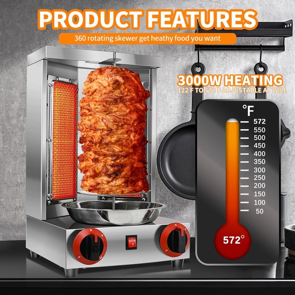 Li Zhen Commercial Gas Vertical Shawarma Doner Kebab Grill Machine - 2 Burner Propane Rotisserie Broiler with Meat Catch Pan (Patented) for Restaurants, Food Trucks & Catering Events