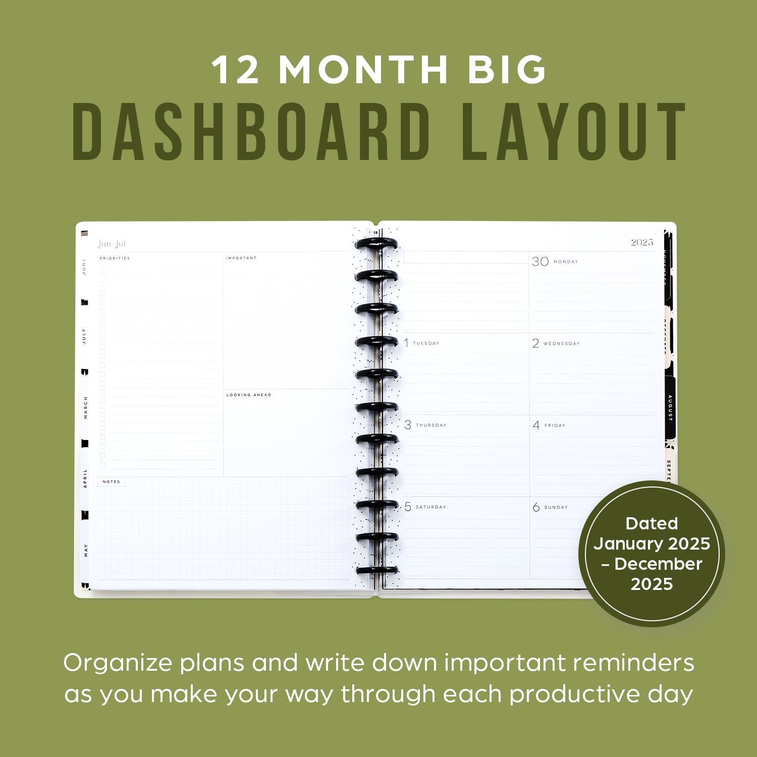 Happy Planner 2025 Disc-Bound 12-Month Planner - Daily Weekly Monthly Organizer with Dashboard Layout, 72 Pages, 12 Dividers & 2 Sticker Sheets - Big Size 8.5