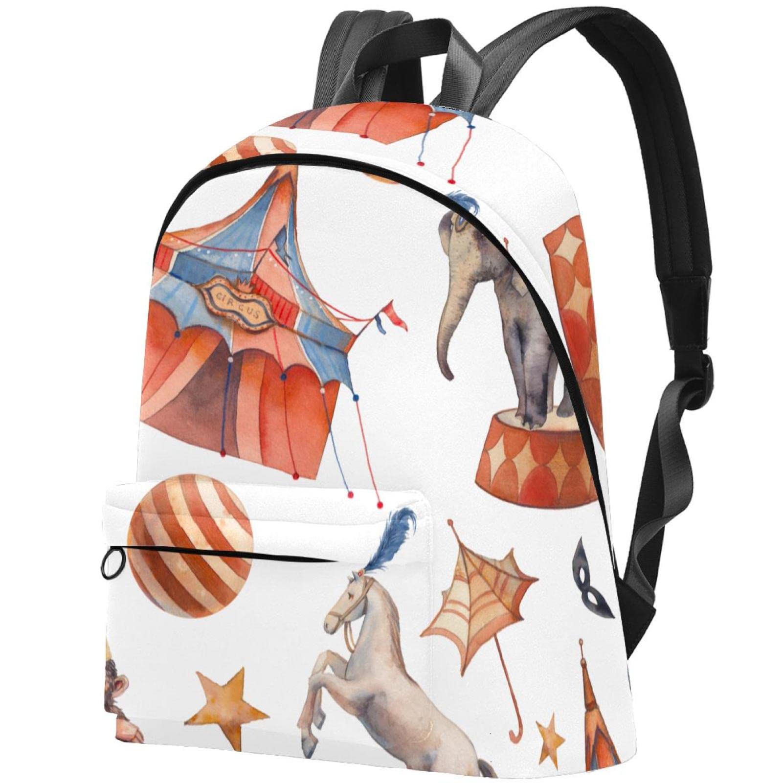 Stylish Canvas Backpack for College & Travel - Unisex Durable Backpack with Circus Animal Print (Elephant, Horse, Monkey) - Perfect for School, Work, Commuting & Weekend Adventures