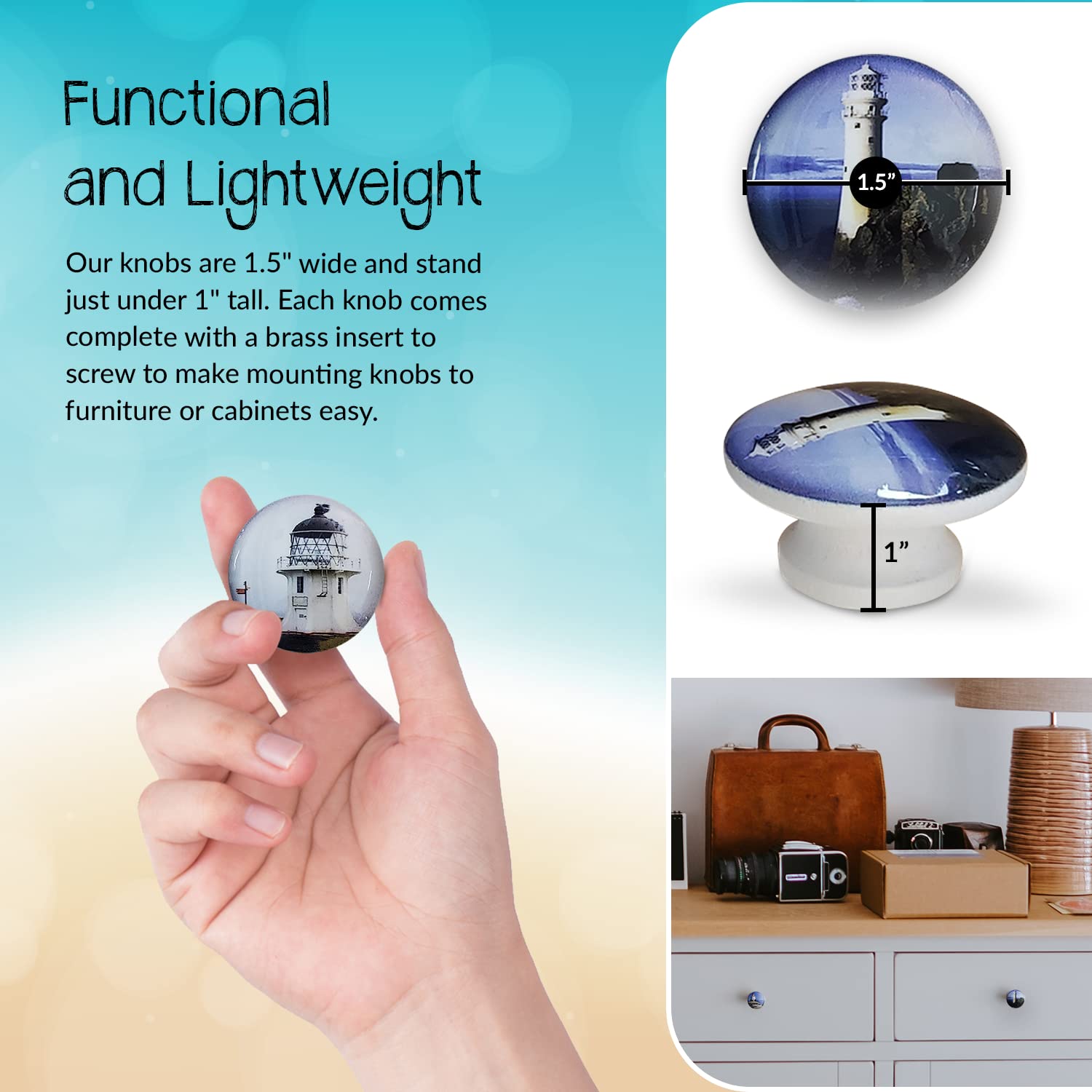 Twisted R Design Wooden Cabinet Knobs - Set of 8 Round Kitchen, Bathroom & Furniture Handles with Glossy Finish - Lighthouse Drawer Pulls - 1.5