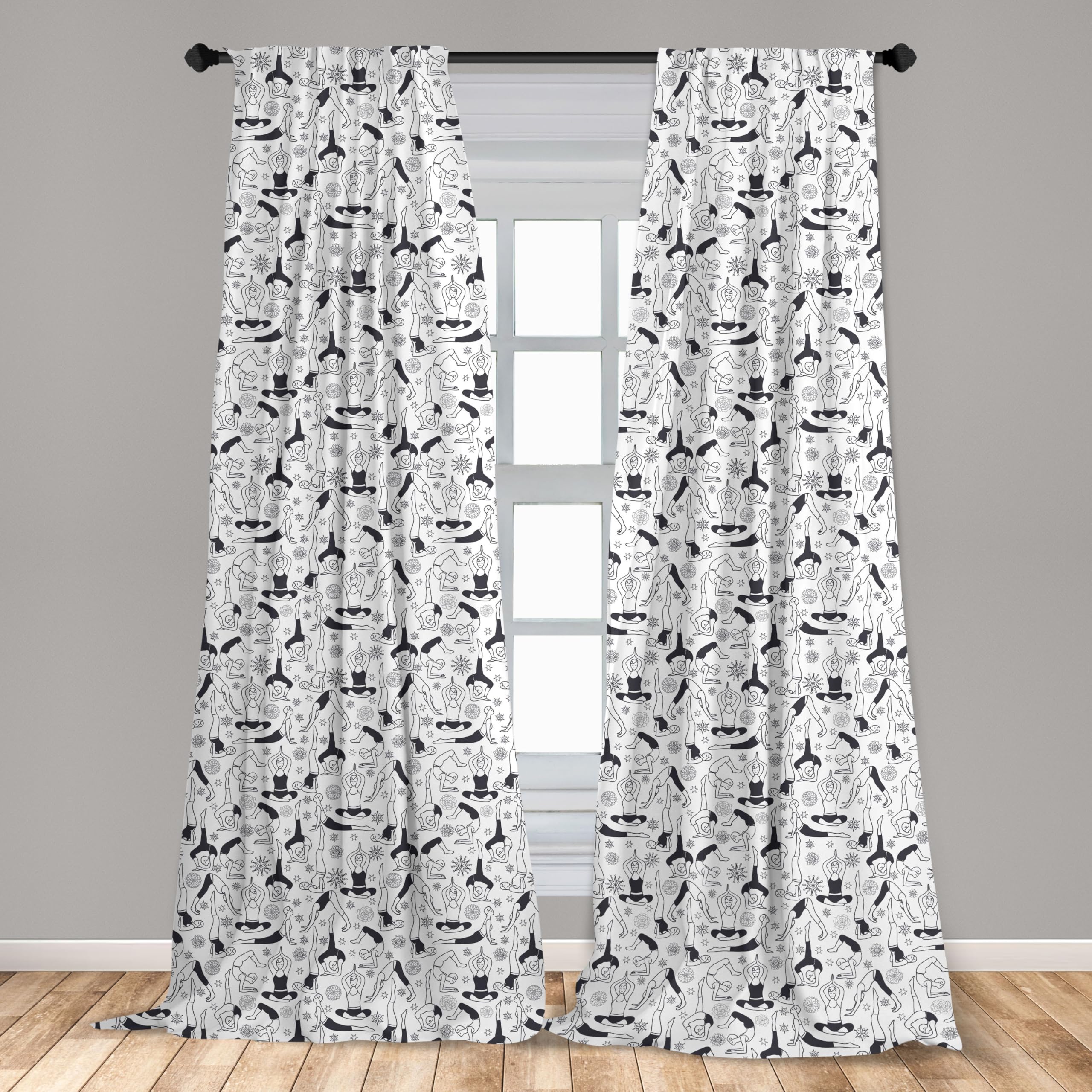 Ambesonne Yoga Themed Black & White Curtains - Monochrome Eastern Poses & Floral Motifs - 28