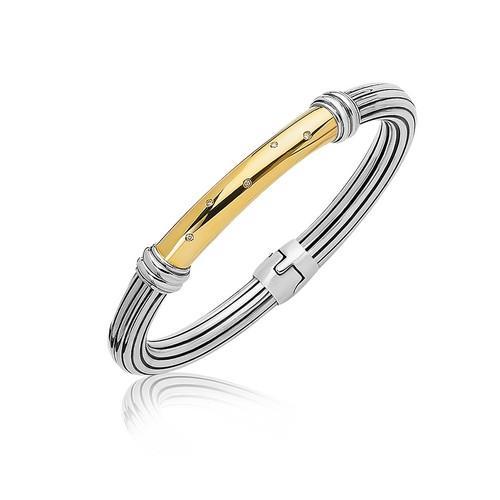 18k Yellow Gold & Sterling Silver Diamond Bangle Bracelet - Size 7.5